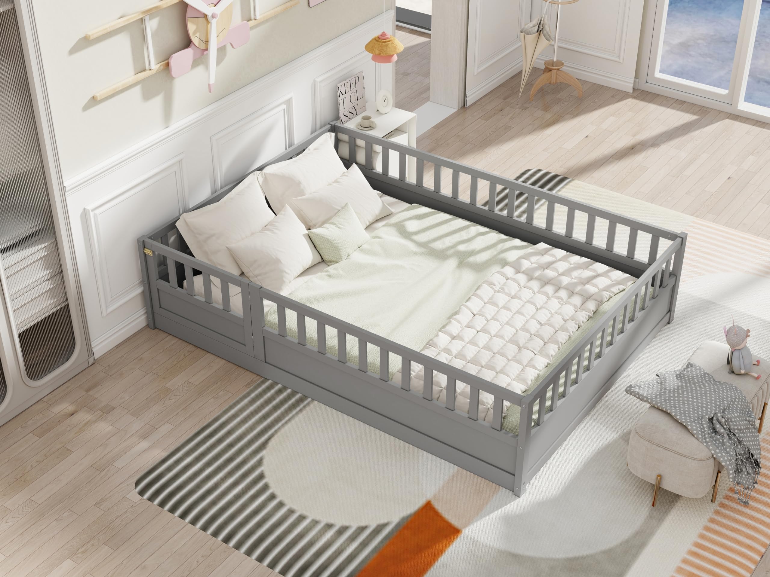Montessori Floor Bed Frame with Safety Guardrails and Door, Solid Pine Wood Low Bed for Kids Toddlers, Indoor Playhouse Bed, No Box Spring Needed (Grey, Full)