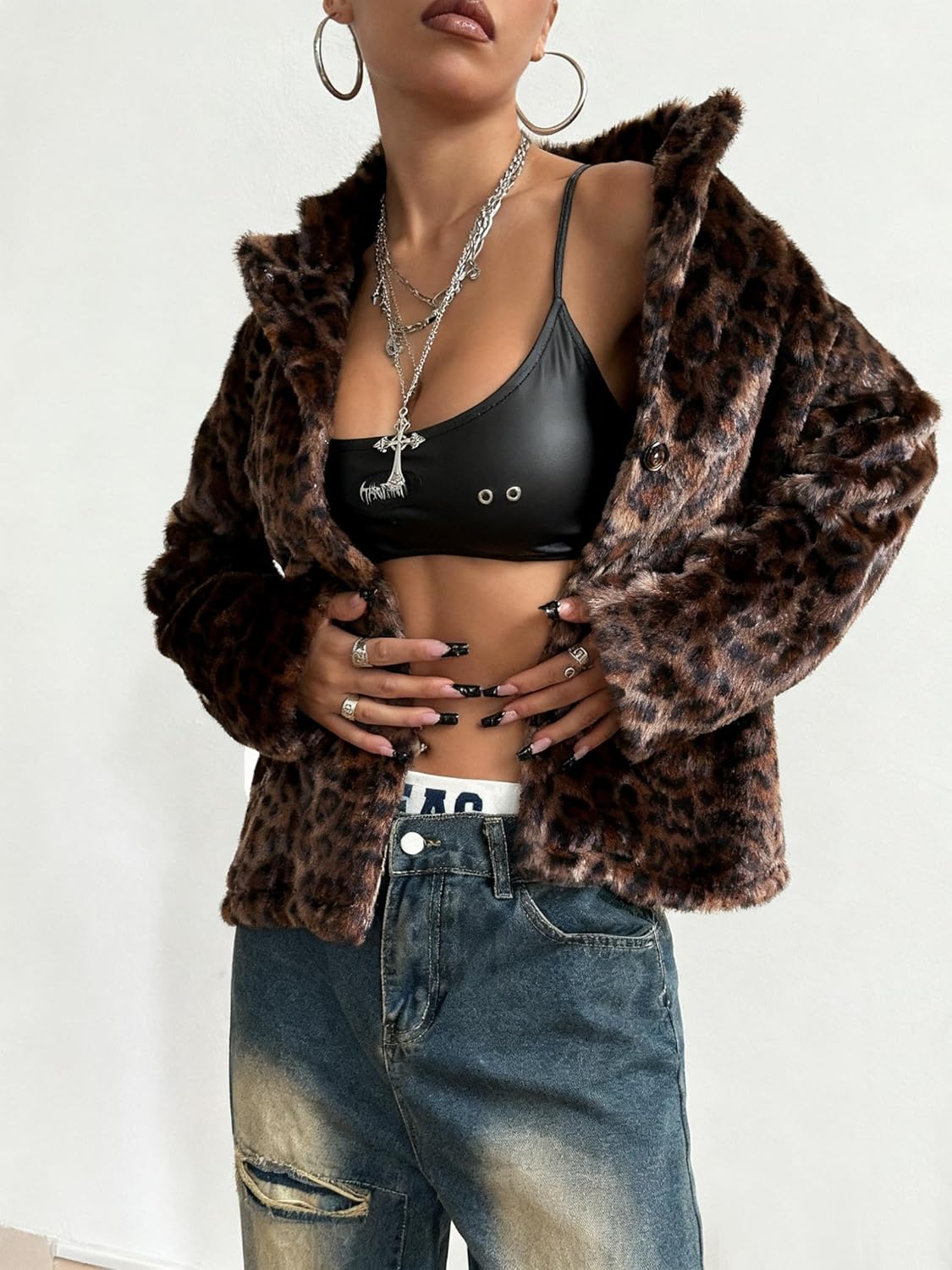 utcoco Womens 2025 Leopard Faux Fur Coat Button Down Winter Coats Fluffy Parka Shaggy Warm Outerwear - Image 5