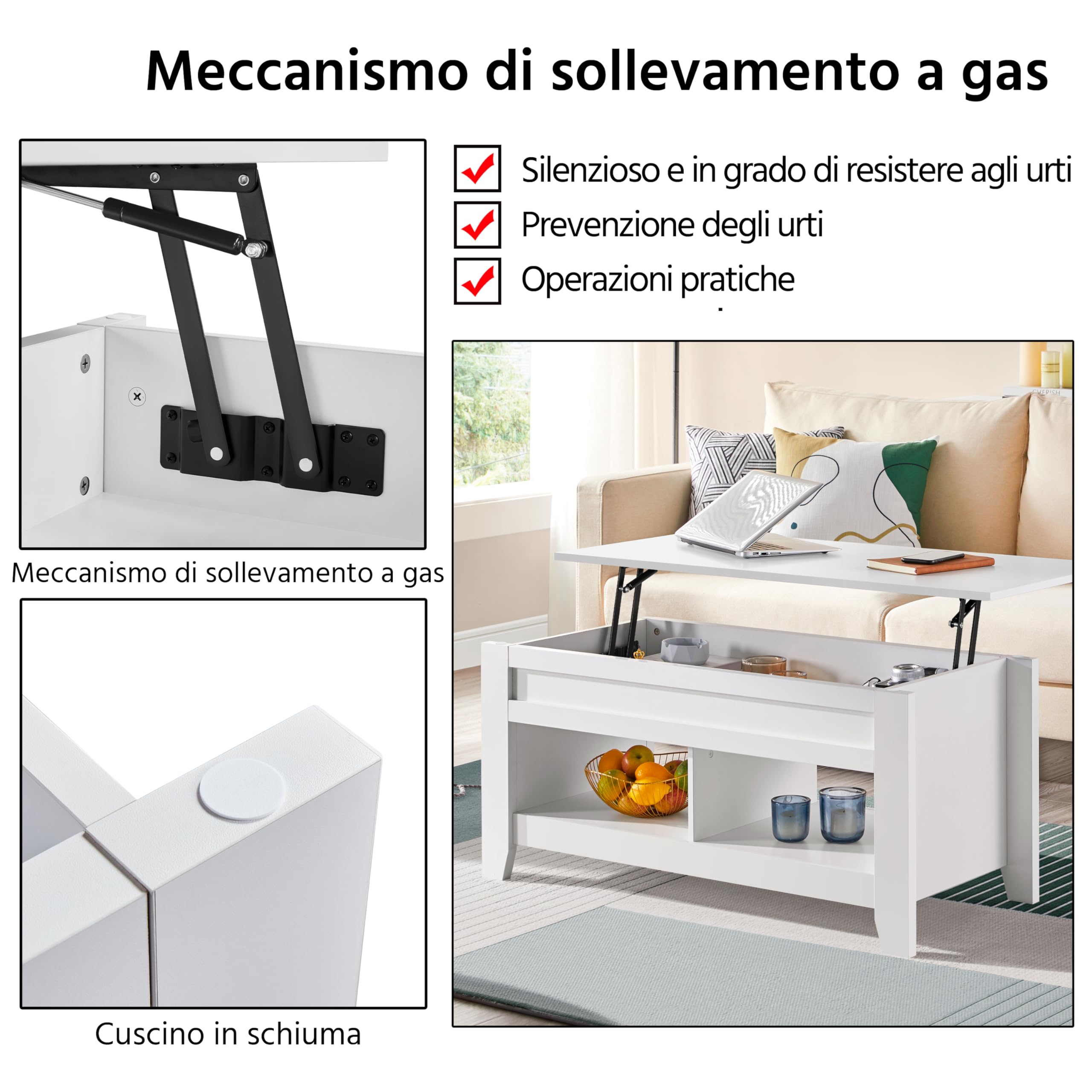 Yaheetech Tavolino da Caffè Sollevabile Tavolo Basso da Soggiorno Tavolino con Ripiano Elevabile da Salotto 104,5 x 49,5 x 49-62 cm Tavolino da Divano Portaoggetti Spazioso Bianco