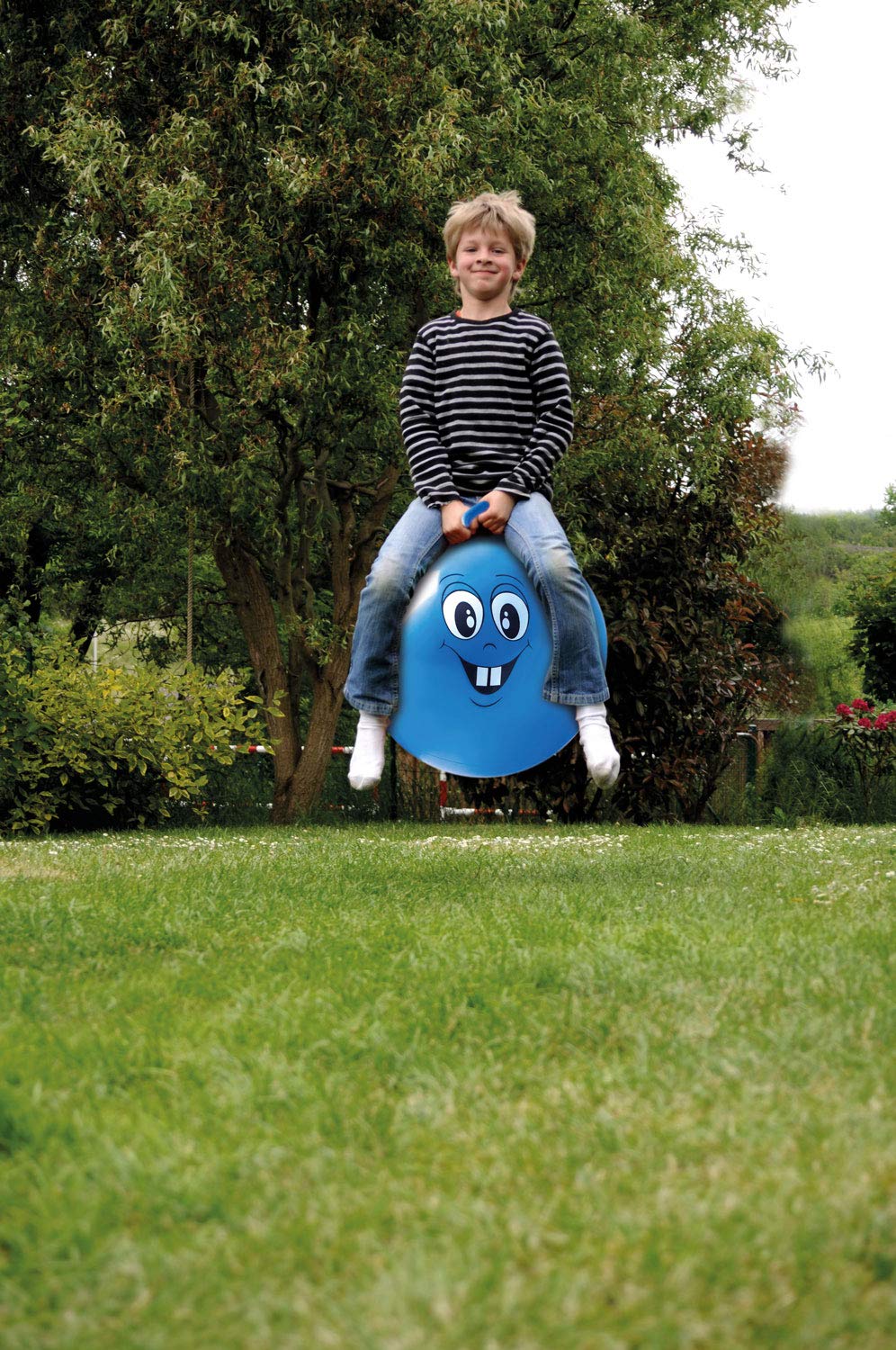 Idena 40094 Happy Face - Pallone per Saltare in Blu, Diametro ca. 45-50 cm, Portata Fino a 50 kg, Perfetto per Estate, Parco o Asilo