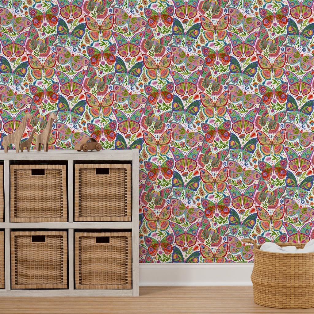 Peel & Stick Wallpaper 3ft x 2ft - Girl Butterfly Tattoos Folk Butterflies Colorful Floral Nature Art Insect Bug Doodle Custom Removable Wallpaper by Spoonflower