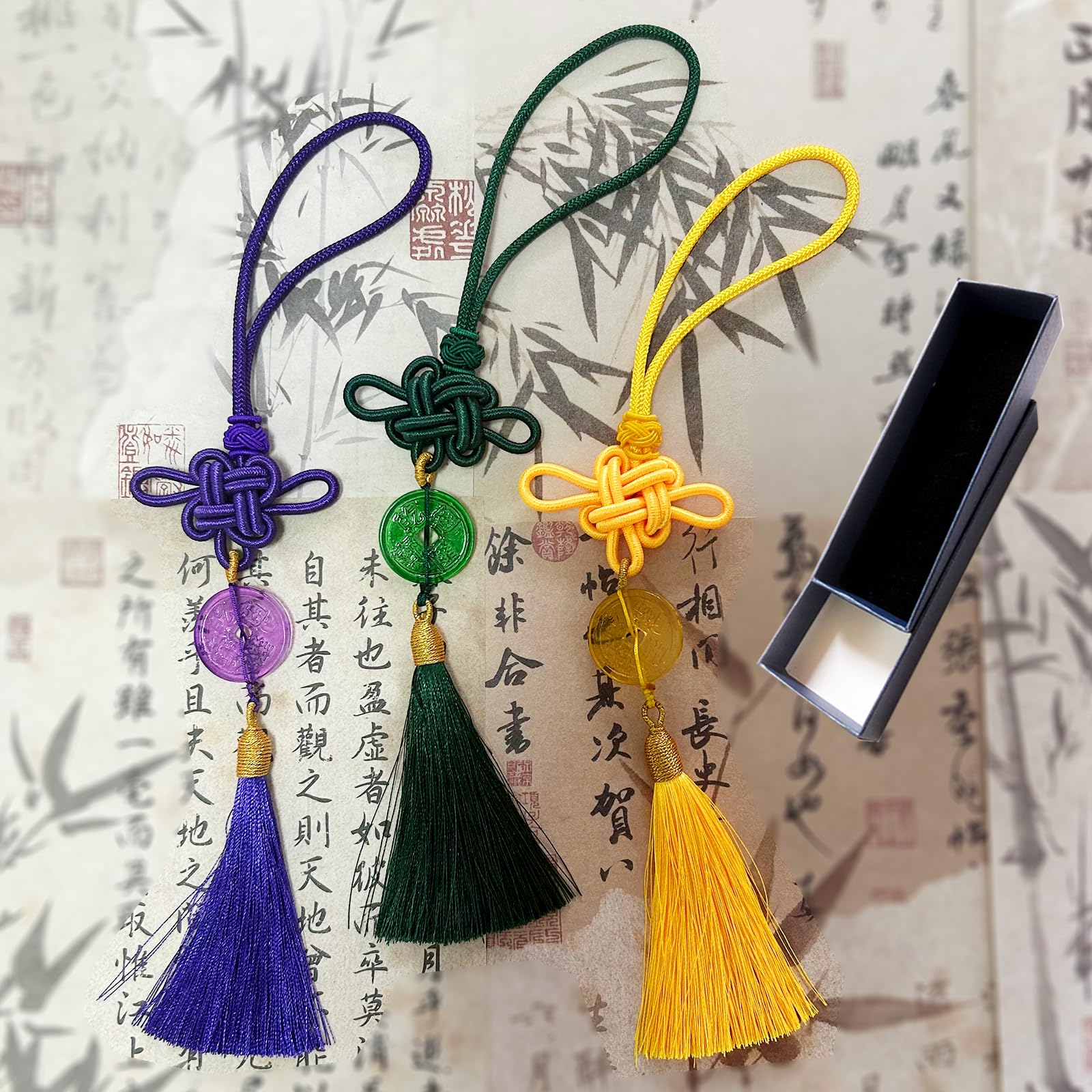 3 PCS Tassels, Feng Shui Coin, Crystal Coin with Chinese Knot String, Combining Traditional Chinese Knot with Modern Crystal Energy ? Wealth, Good Luck, and Success -?Green ?Yellow ANG Purple?