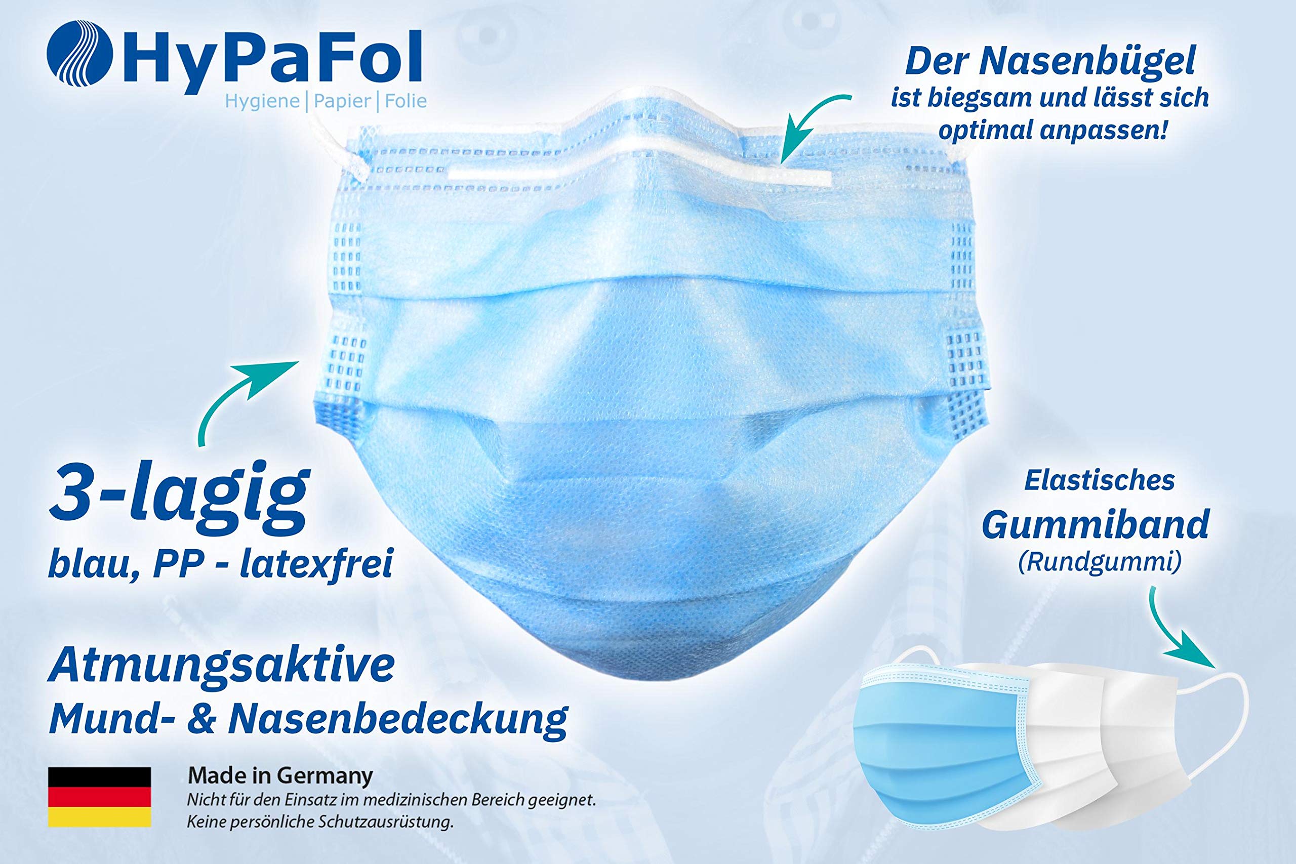 200 St. Mund und Nasenbedeckung Einweg, 3-lagig mit Vlies-Filter in blau | Maske mit Nasenbügel, für Brillenträger geeignet | Behelfs-Maske