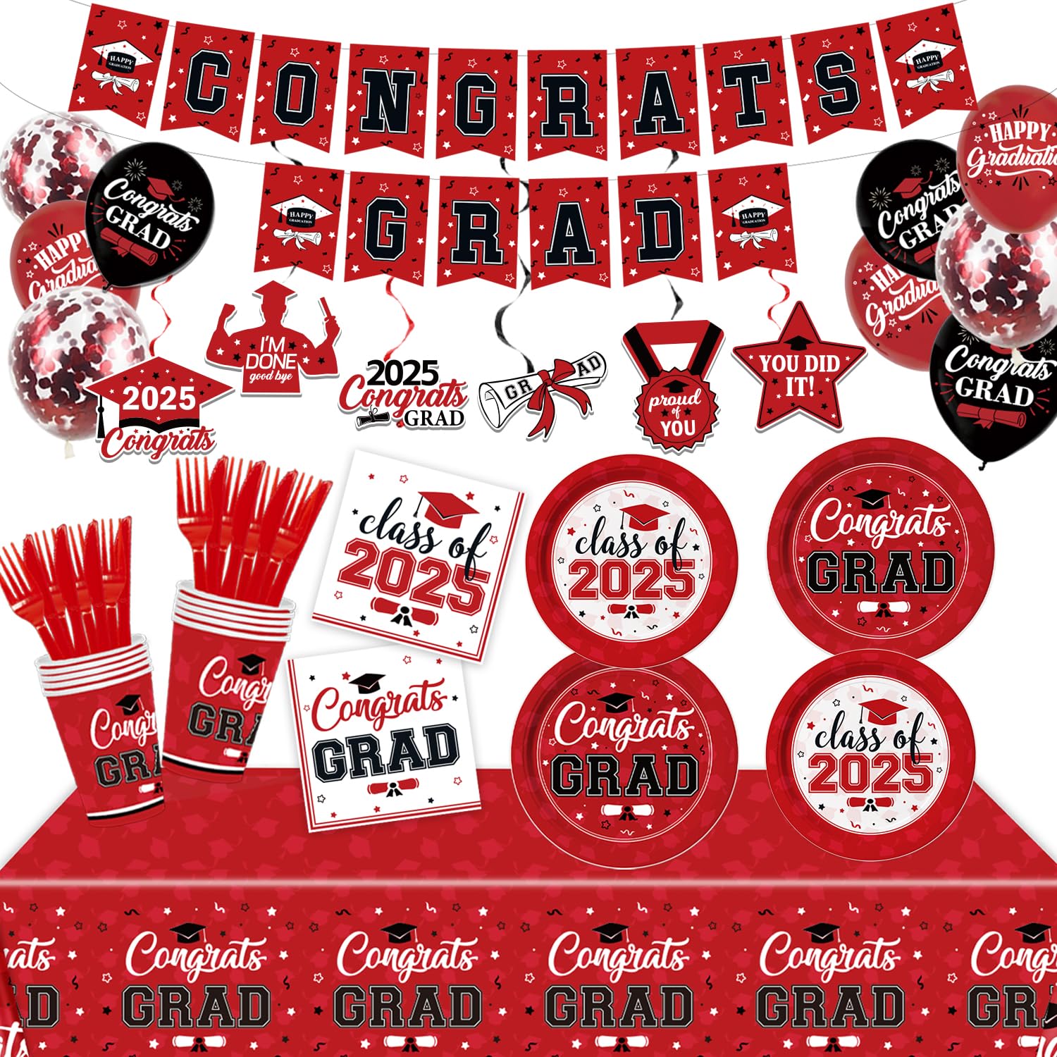Graduation Decorations Class of 2025, 182Pcs Congrats Grad Banner Balloons Plates and Napkins Tablecloth, Disposable Graduation Party Supplies(Red)