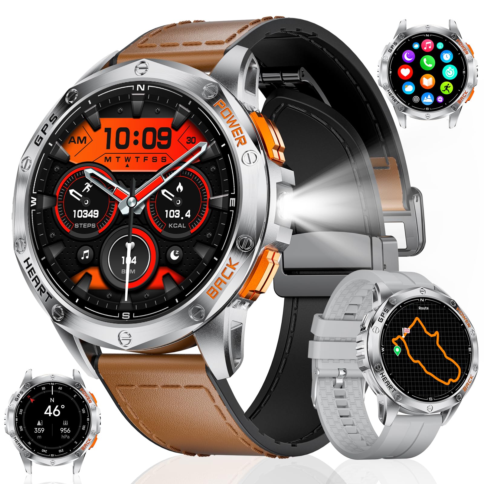 ESFOE Orologio da corsa GPS uomo, torcia LED, 530 mAh, AMOLED 10 ATM, smartwatch militare con bussola, barometro, frequenza cardiaca, SpO2, monitoraggio del sonno per Android