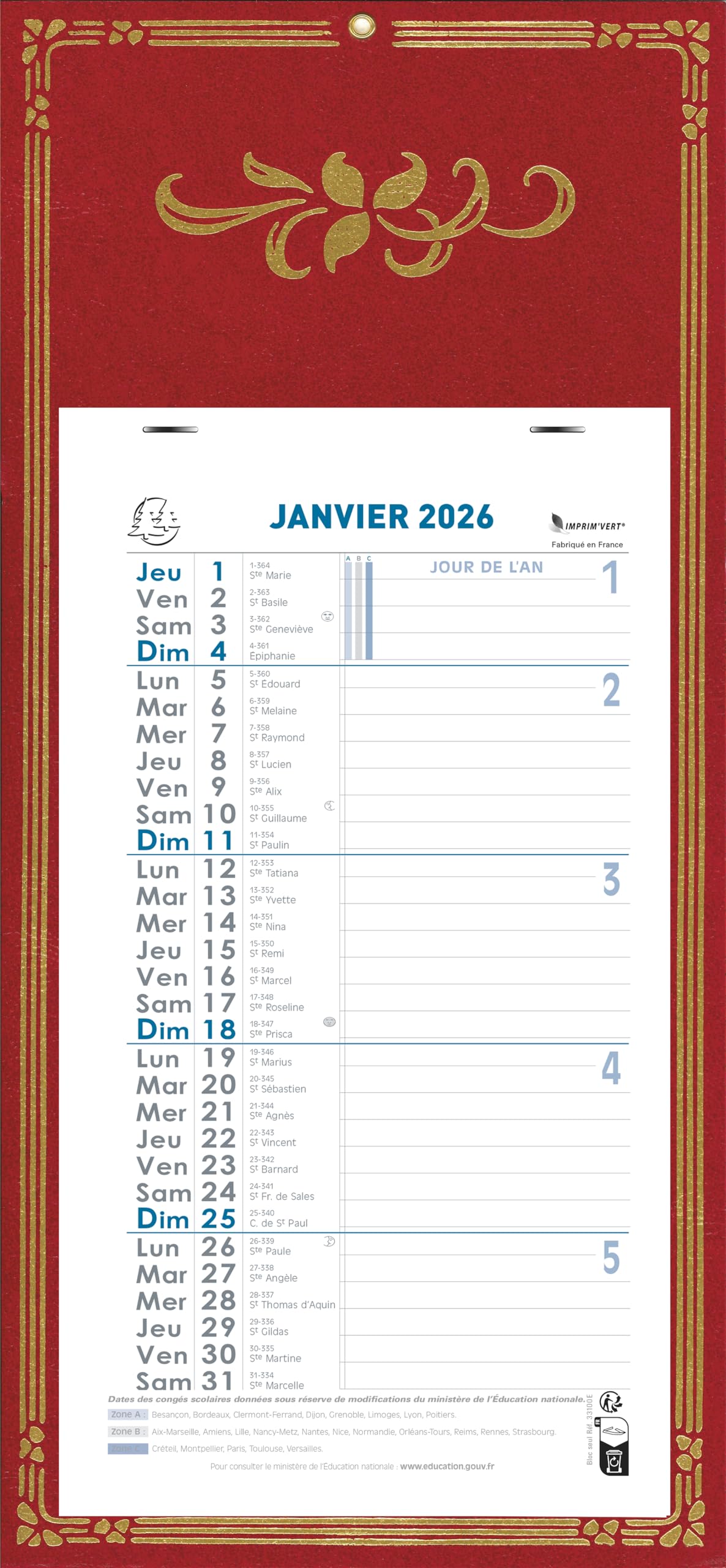 Image secondaire de Exacompta - 33111E - Calendrier mensuel avec feuillets détachables 15,5 x 28,5 cm - Sur support plaque imprimée Skytos 19 x 41 c