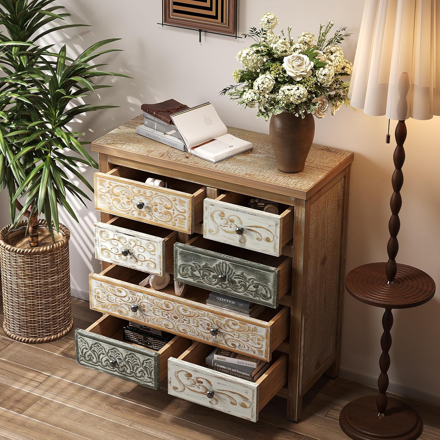 Farmhouse Vintage Accent Chest with 6 Drawers, Rustic Multicolor Carved Wood Dresser for Bedroom Storage, Bohemian Sofa Table Living Room, Home Decor, Colorful