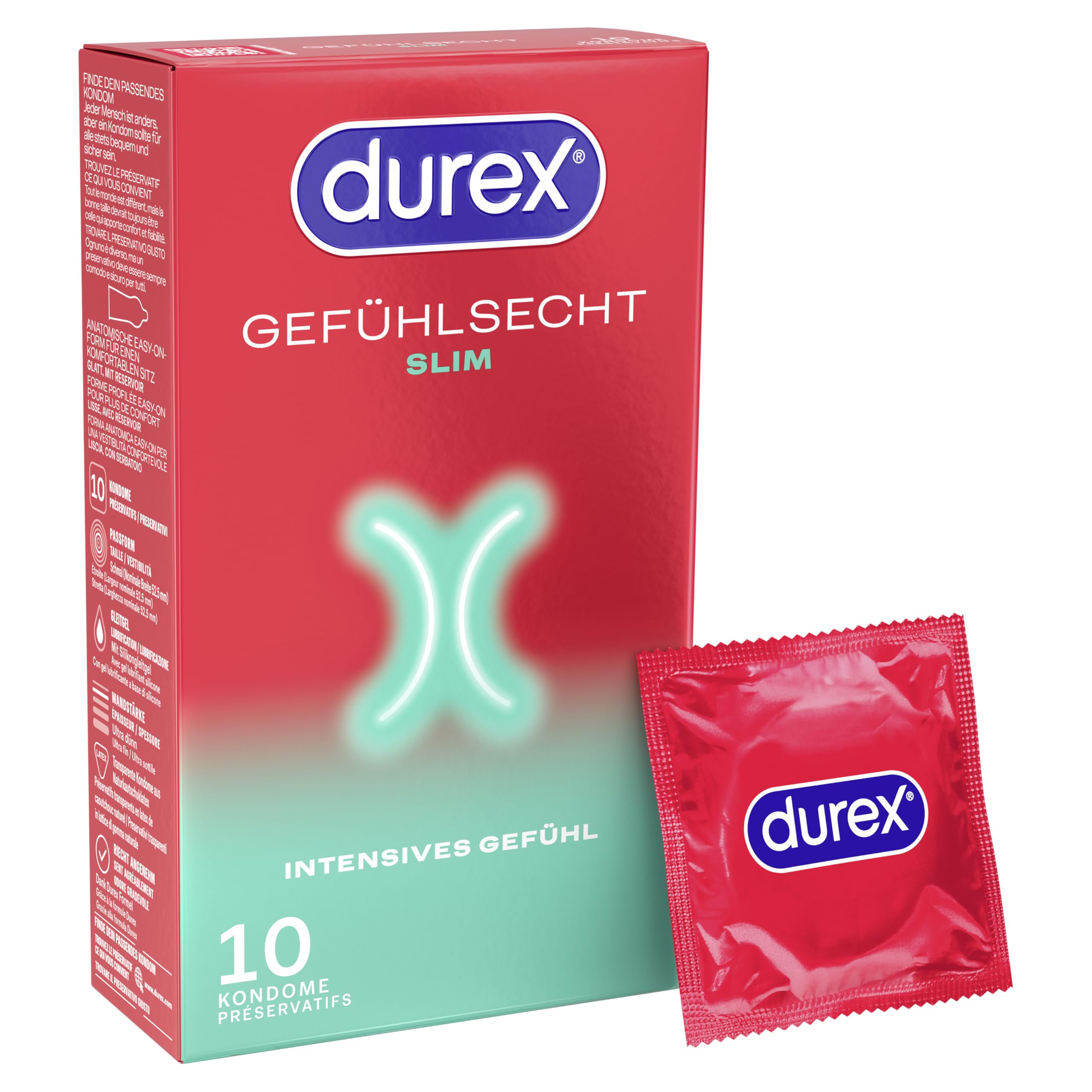 Durex Gefühlsecht Slim Kondome – Dünne Kondome mit schmaler Passform & mit Silikongleitgel befeuchtet– 10er Pack (1 x 10 Stück)