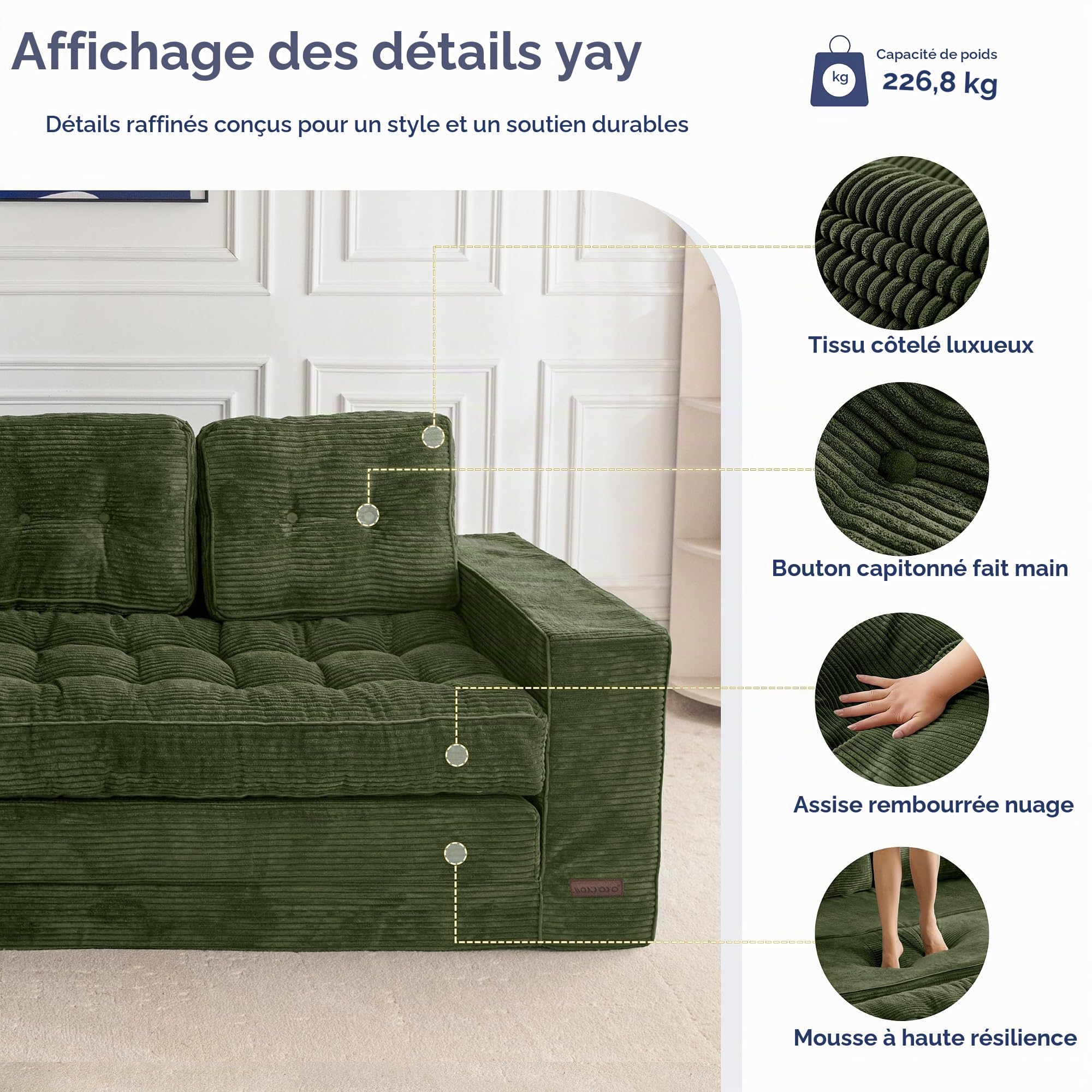 MAXYOYO Canapé-lit de 190 cm de large avec coussin, 2 en 1, pliable, en velours, 3 places, avec fonction sommeil, surface de couchage 101 x 196 cm, pour salon, chambre à coucher, salon
