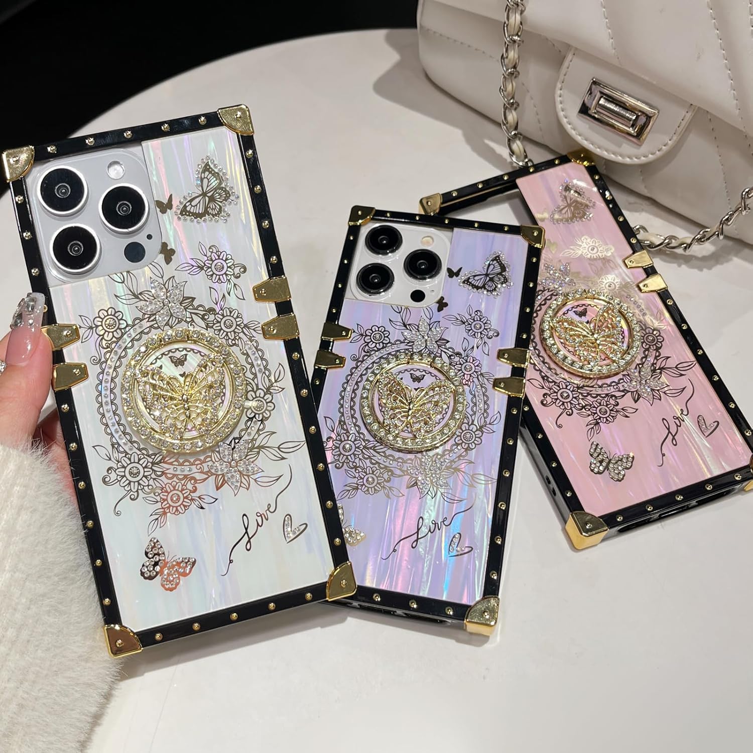 Glitter Kickstand Case for iPhone 16e, Cute Luxury Bling Sparkly Diamond Butterfly Ring Stand Elegant Floral TPU Bumper Shockproof Women Girls Protective Case for iPhone 16e 6.1" 2025 (Pink) - Image 8