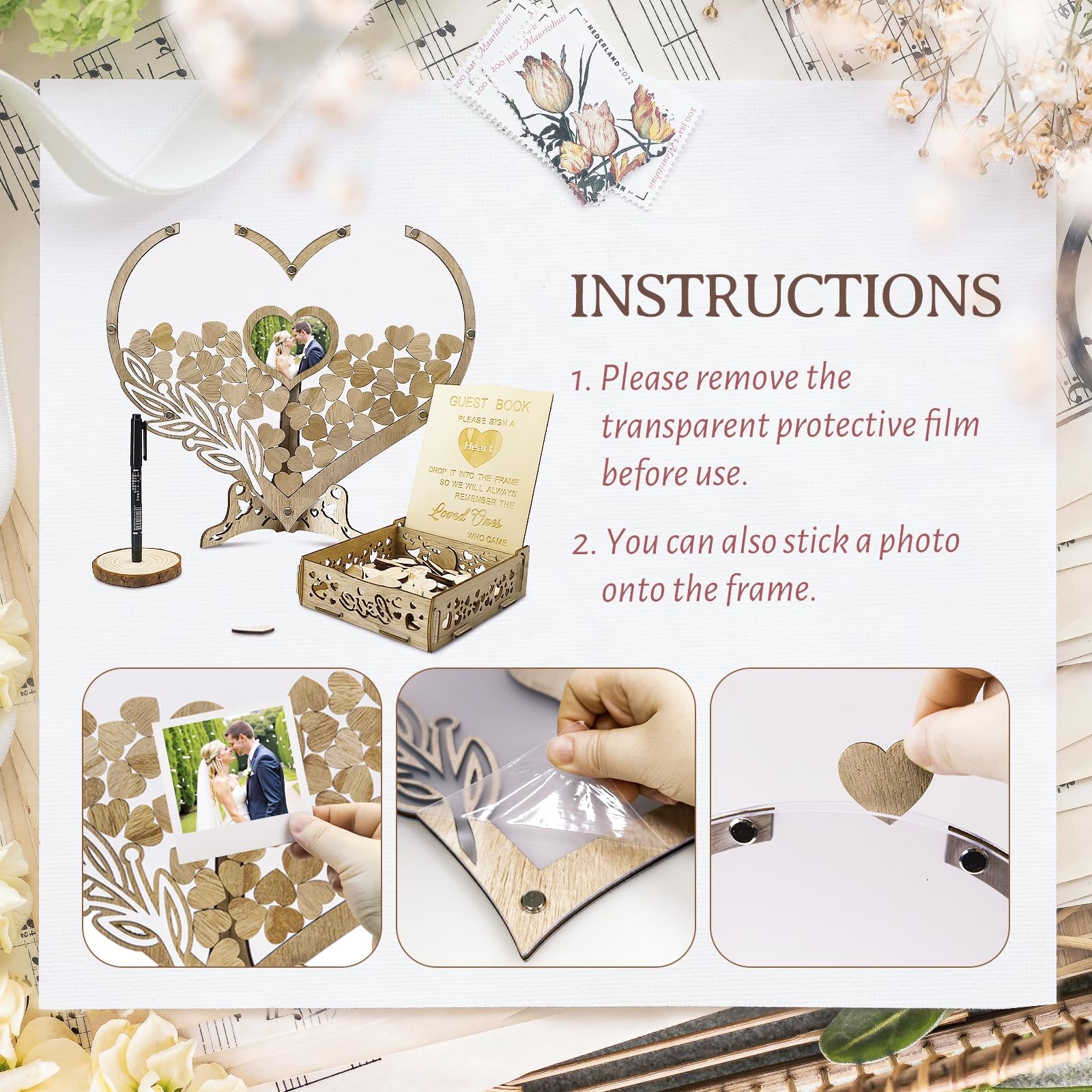 Hochzeitsgästebuch-Alternative – Rustikales herzförmiges Gästebuch aus Holz mit 100 Holzherzen für Hochzeit, Party, Geburtstag, personalisierte Hochzeitsdekoration mit Gäste-Anmeldebox und Herzrahmen