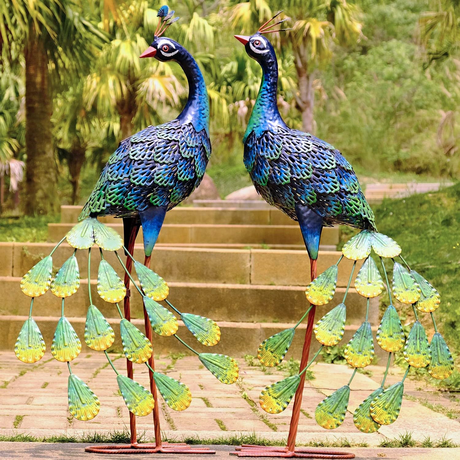 Kircust Set di 2 statue da giardino a forma di pavone in metallo a energia solare, decorazione per esterni, decorazione per il prato, scultura per patio