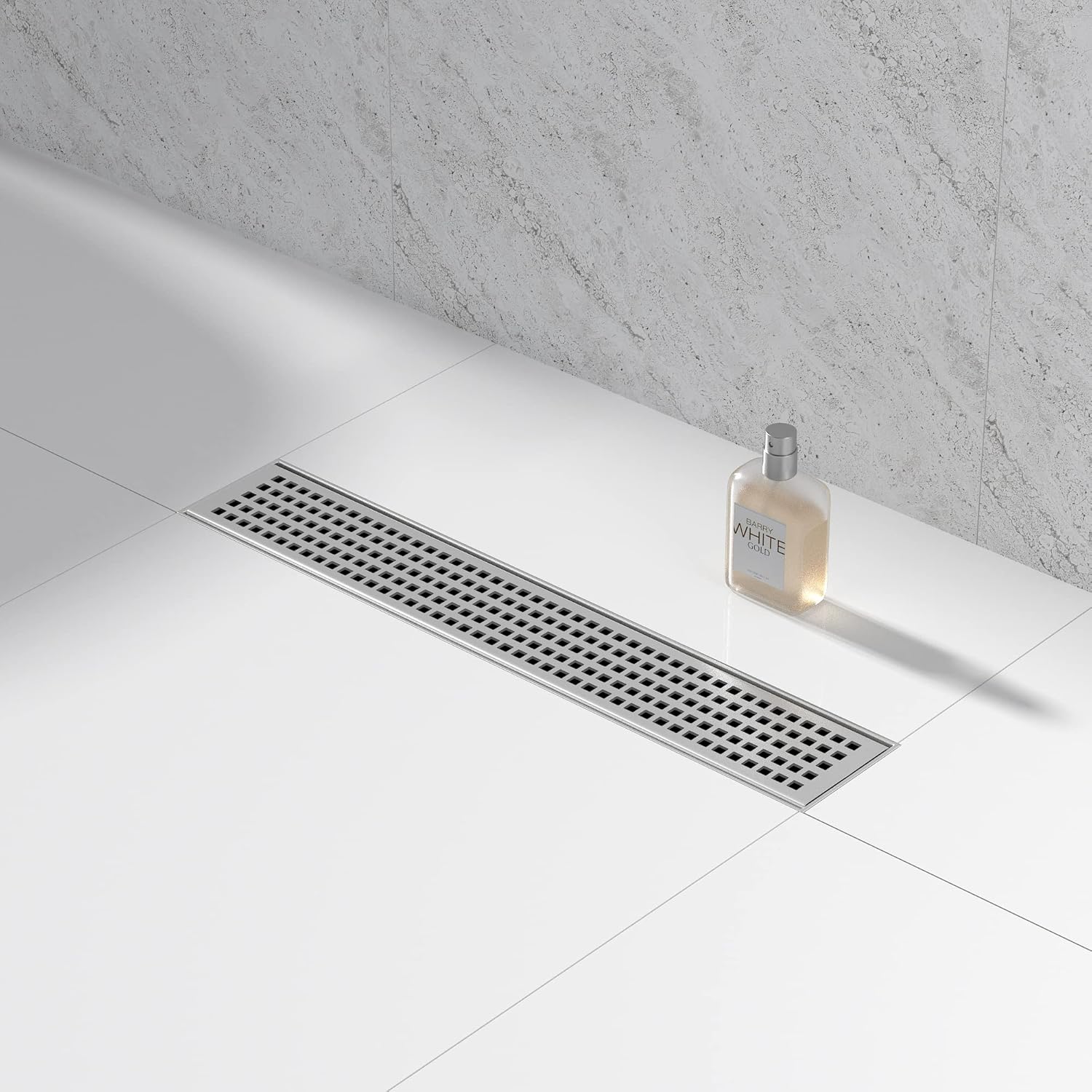 Linear Shower Drain 18", 304 Stainless Steel Floor Drain with Grid Drain Cover & Hair Strainer, Rectangular Shower Drain w/CUPC Certified, Brushed