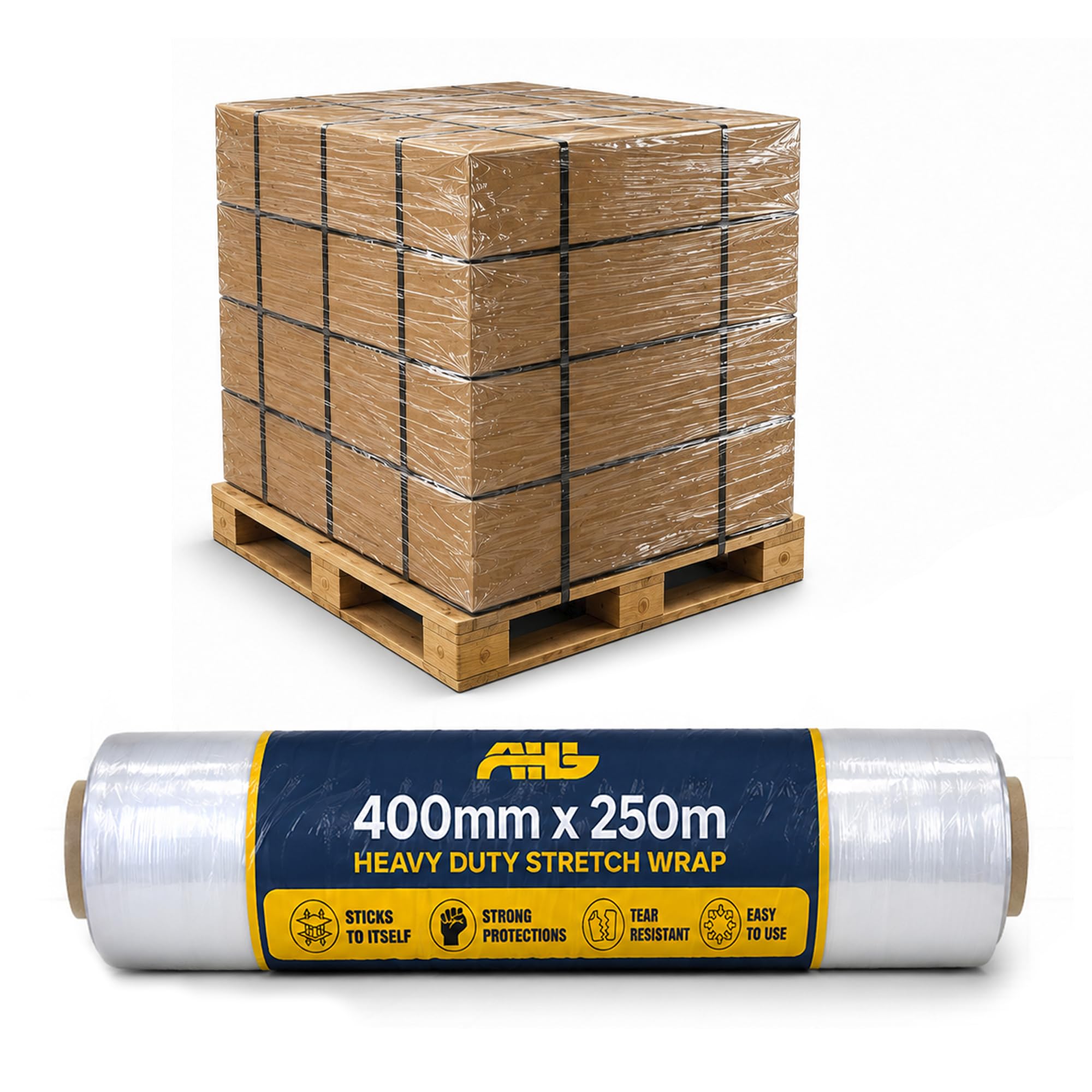 AHG Heavy Duty Stretch Film Pallet Wrap (400mm x 250m) - 6 Rolls, Strong Industrial Cling Film, Pallet Stretch Wrap Roll for Packaging, Packing, House Moving, Furniture Wrapping & Storage, Clear