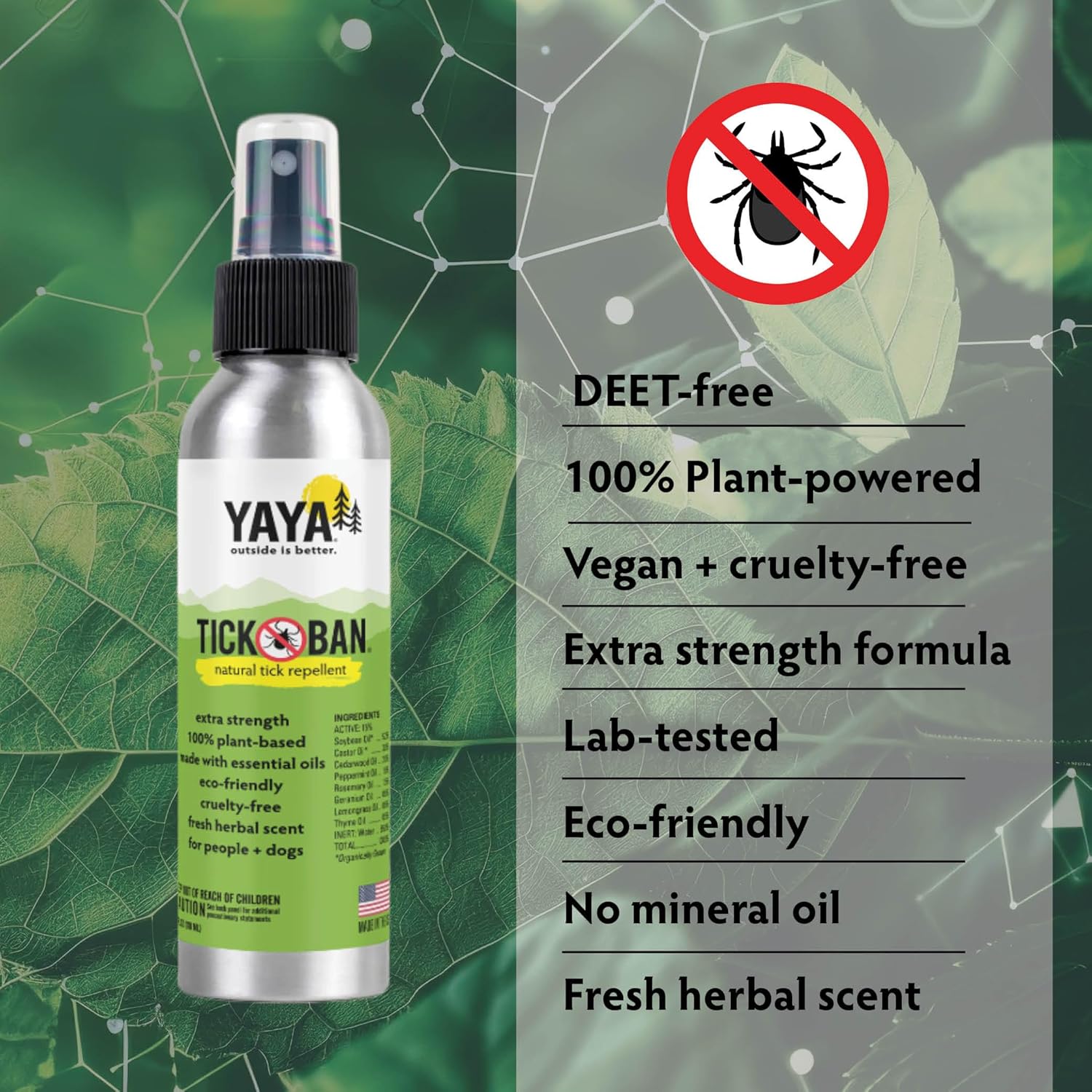 Yaya Organics All Natural Extra Strength Tick Repellent DEET Free - 4 Ounce Spray Bottle
