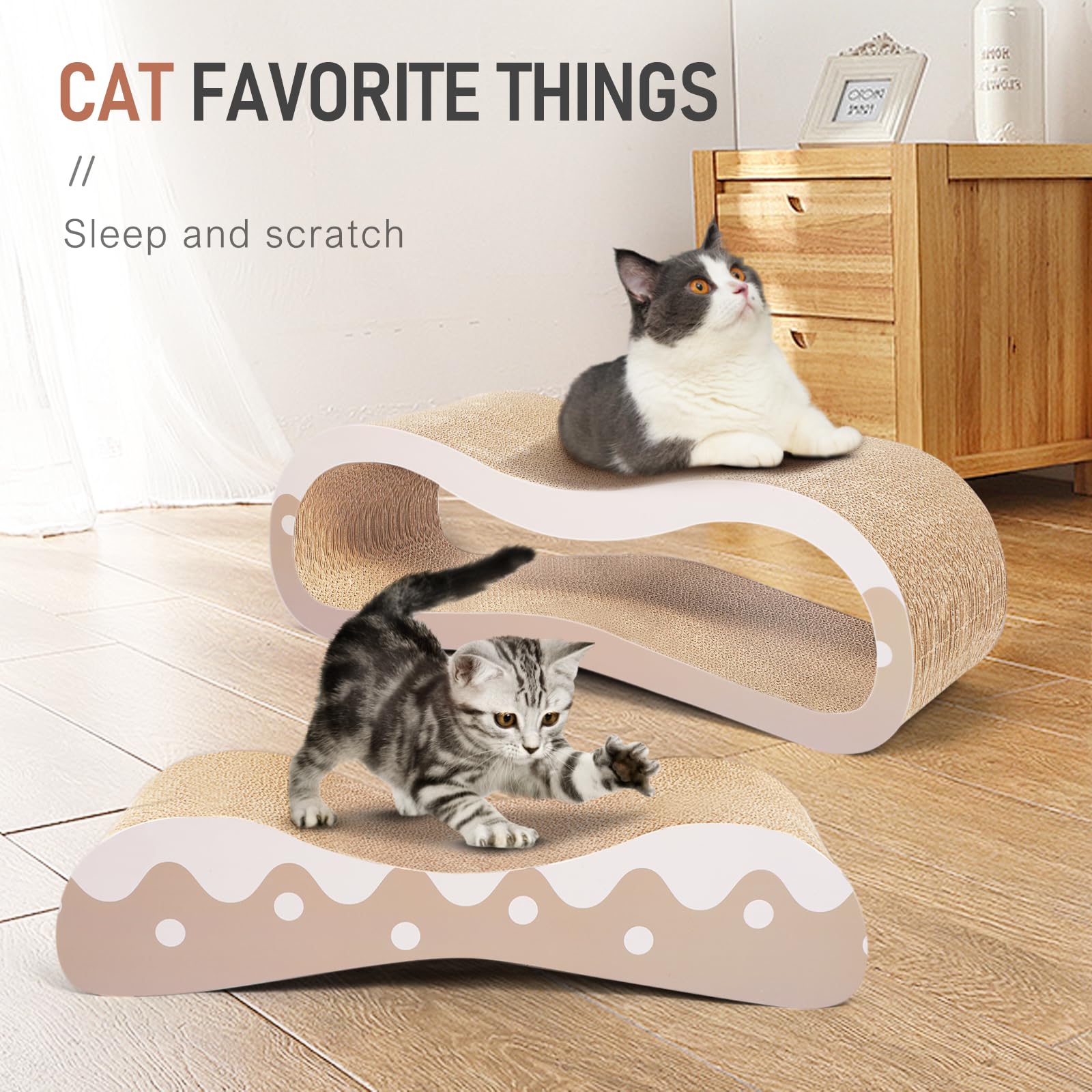FluffyDream Cama de cartón rascador 2 en 1 para Gatos, Poste rascador para Gatos, Almohadillas duraderas para Evitar daños en Muebles, Grande, Ondulado