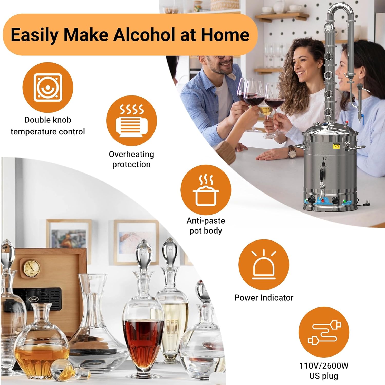 HOOLOO Alcohol Still 13.7Gal Alcohol Distiller Home Brewing Distillery Kit with 3” Stainless Steel Column for DIY Whisky Wine Brandy Gin Vodka Alcohol Making (ST65)