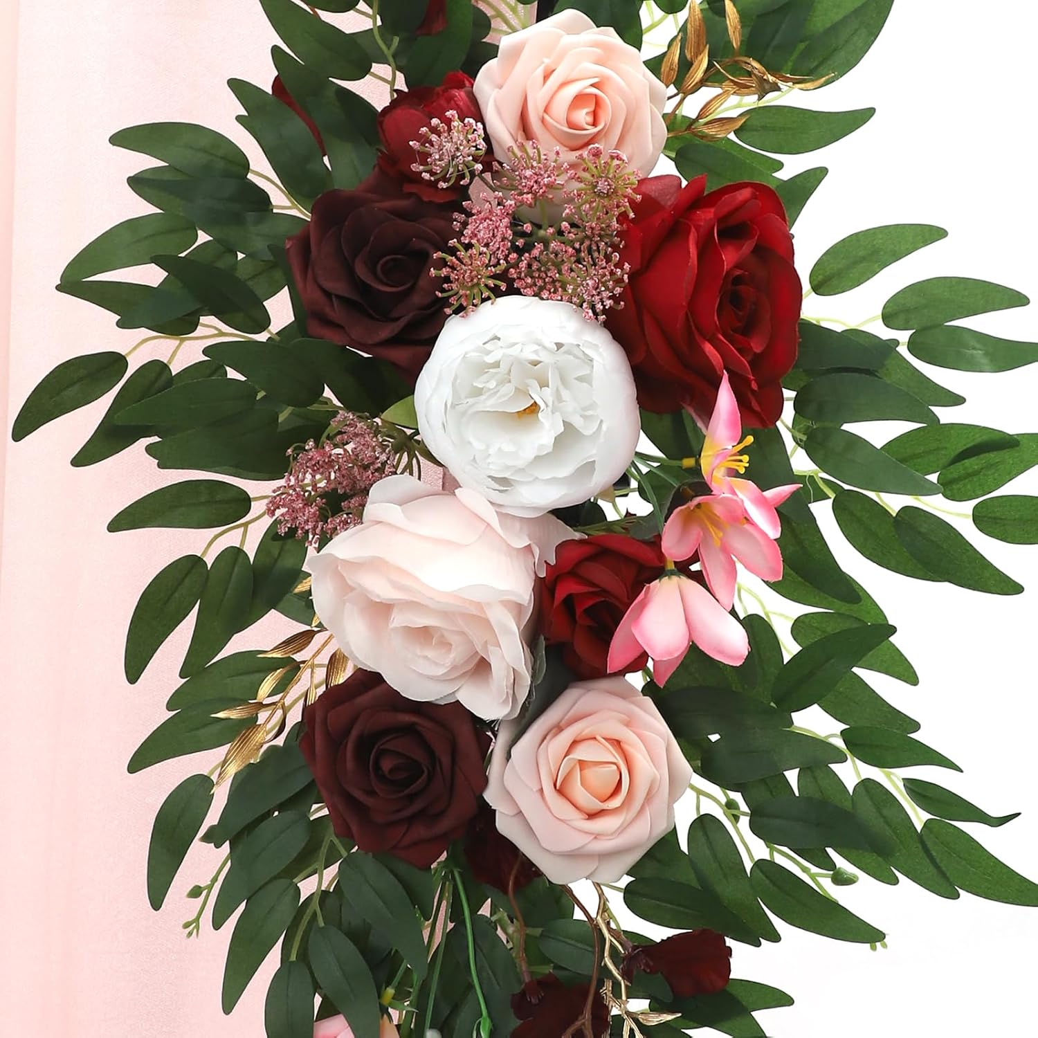 Wedding Arch Flowers, Artificial Flowers with Drape Kit (Pack of 5) -2pcs Artificial Swag & 3pcs Sheer Drapes, Backdrop Arch Lings Moments Flowers for Wedding Arch Decoration Party (Burgundy)