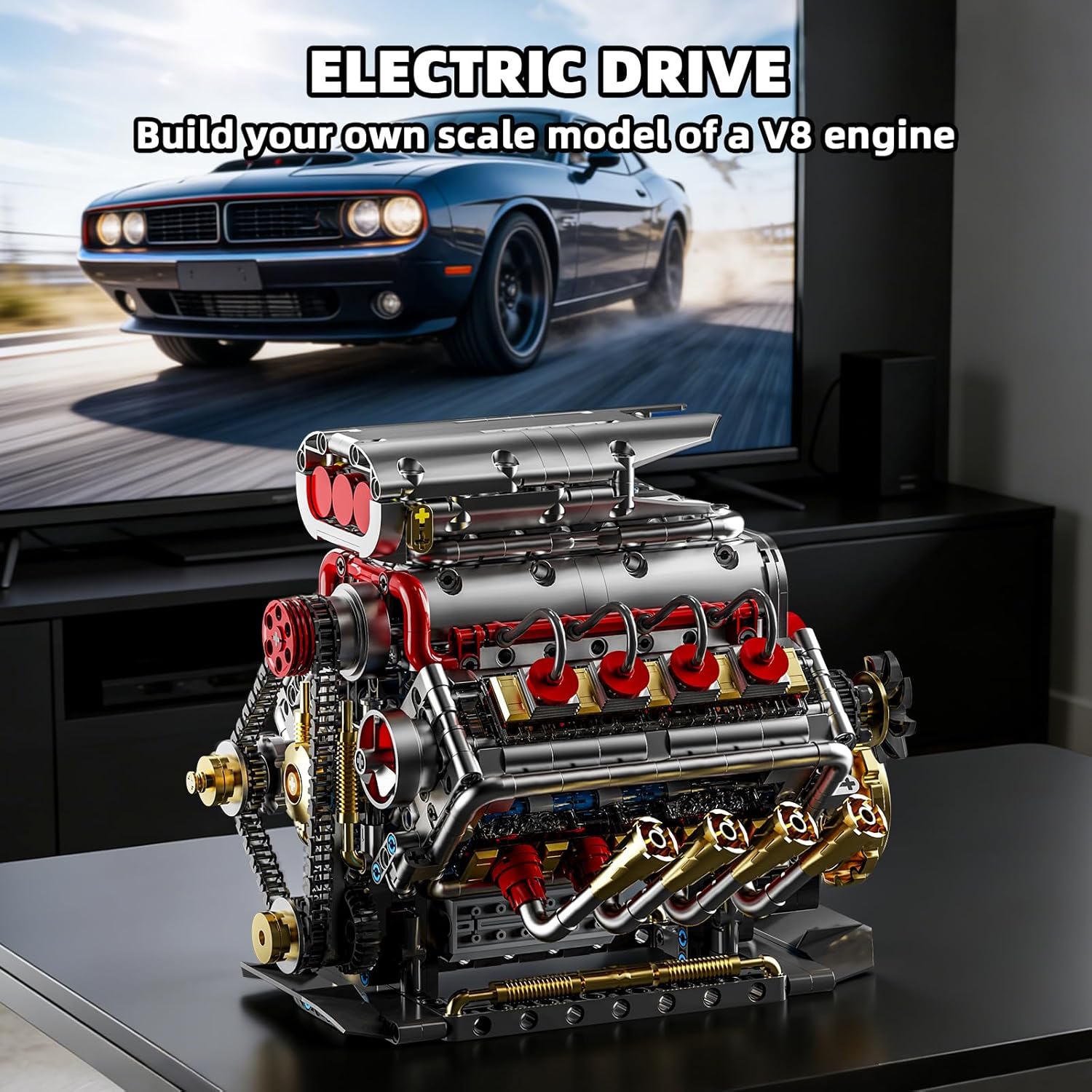 V8 Engine Model Kit That Runs, 8-Cylinder Car Engine Building Set with Rechargeable Motor, Compatible with Lego for Adults, STEM Engineering Construction Toy for Teens Boys (1176 PCS)