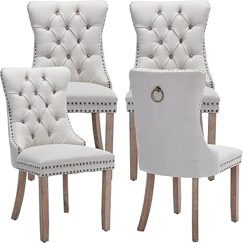 Juego de 4 sillas de comedor modernas, sillas de comedor tapizadas con patas de madera maciza, silla de cocina de tela de lino beige, Sillas de