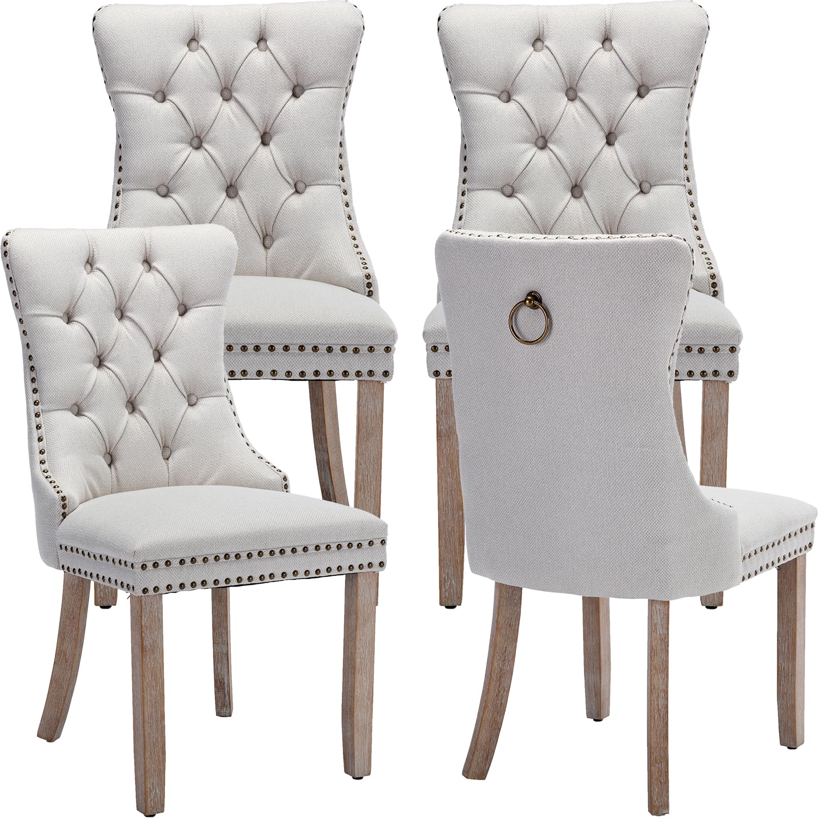 Beige Linen Dining Chairs Set of 4, Kitchen & Dining Room Chairs Set of 4, Tufted Dining Chairs, Upholstered, Wood Legs (Beige White, 4pcs) Set of 4 A-2 Beige Linen, Wood Legs