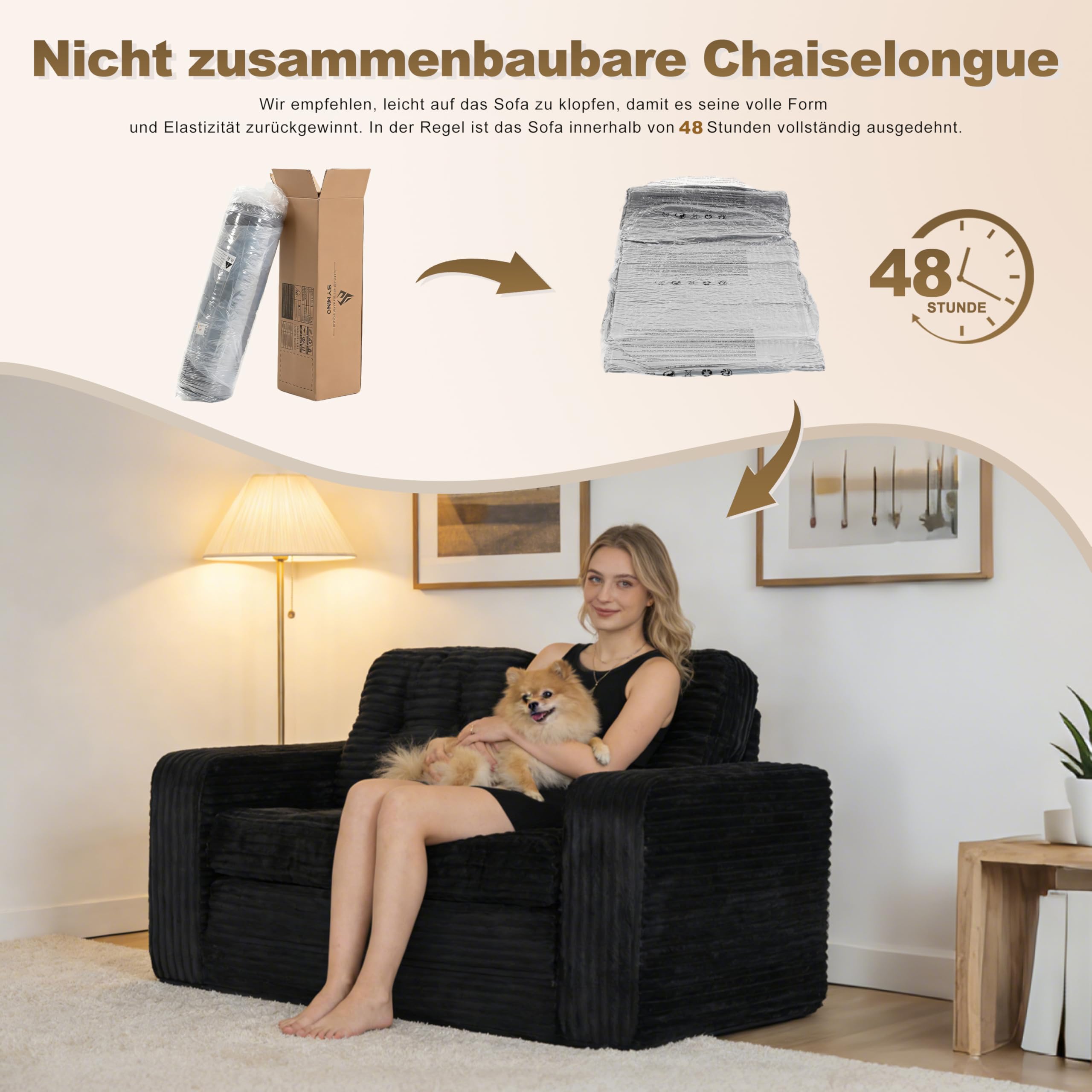 Faltbares Schlafsofa, Tragbarer Stuhl-Bett-Komfortable Bodensofa, Umwandelbarer Schlafsessel mit Kissen, Cord-Stoffbezug Sessel Schlafcouch, für Wohnzimmer und Schlafzimmer (2 Sitzer Sofa, Schwarz )