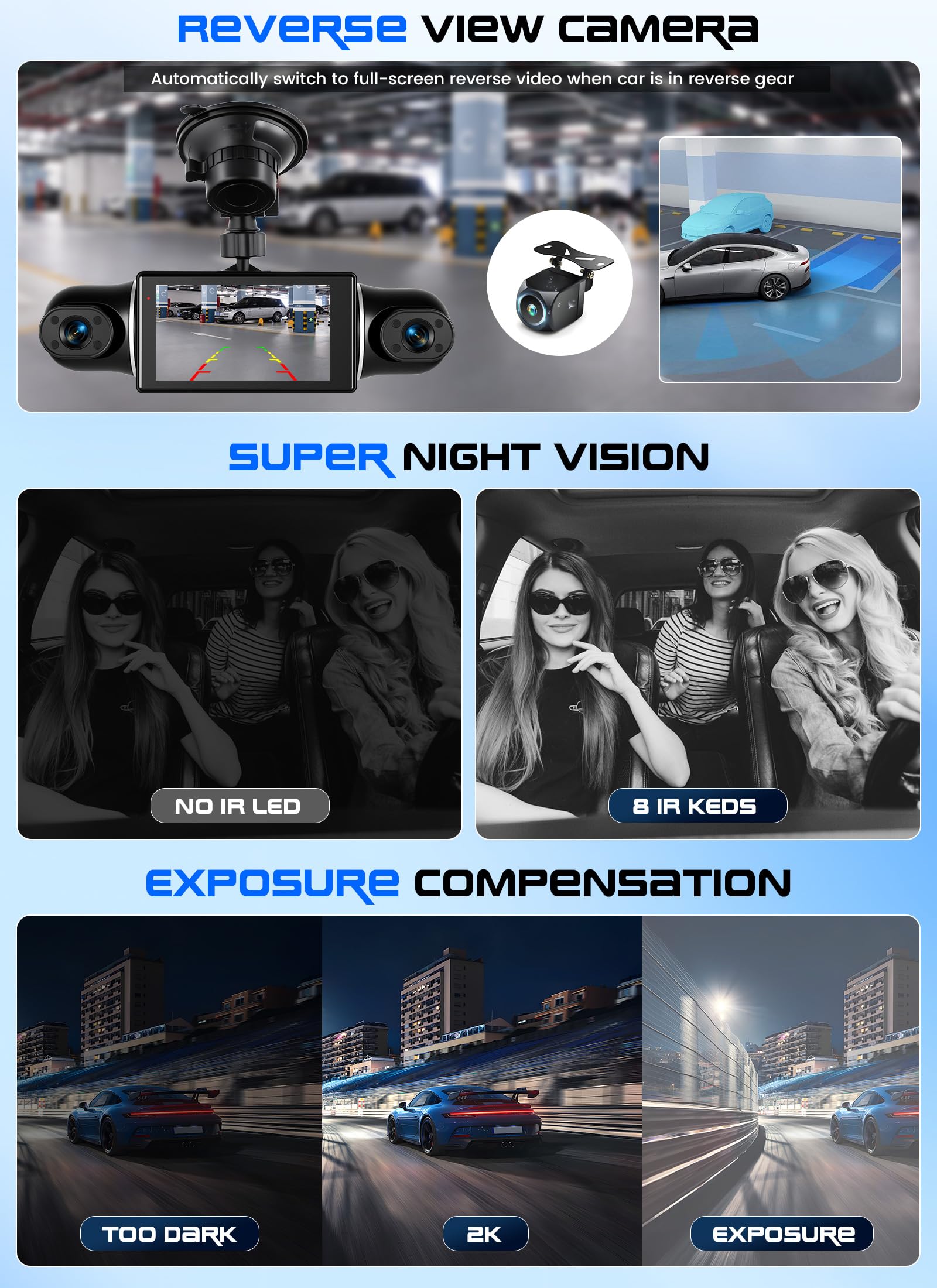CAMECHO 4 Canales Dashcam 2K Cámara integrada Delantera, Izquierda, Derecha y Trasera con WiFi GPS, Rotación 360° Pantalla Dashcam 3 Pulgadas, Grabación en Bucle, Visión Nocturna, Sensor G