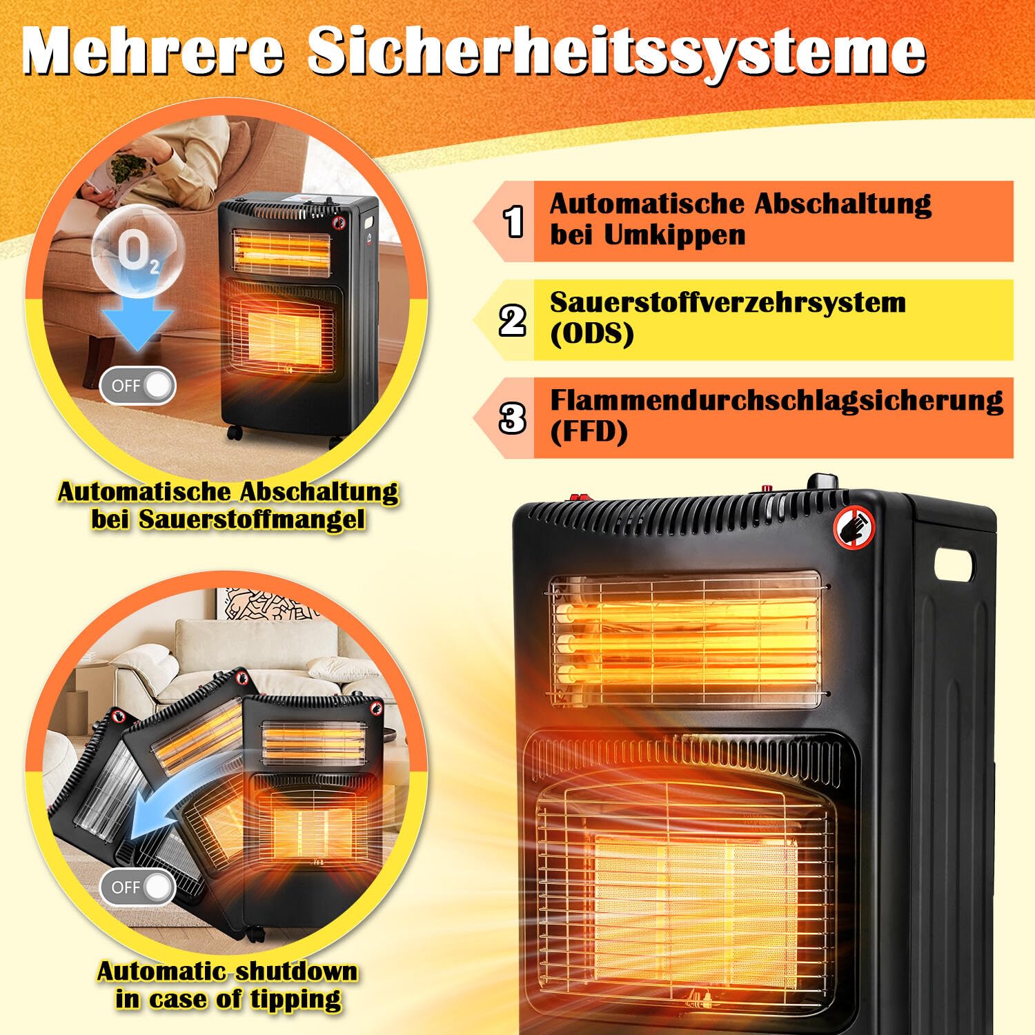 Gasheizer 4200W, Elektroheizung 1260W, Gas Heizstrahler inkl. Gasdruckregler, Gasschlauch, Gasheizofen, Infrarot Keramikbrenner, Butan- oder Propangasflaschen bis 15kg