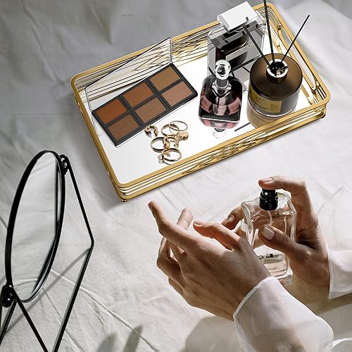 Miniatura 4 de Bandeja de espejo para decoración de joyas de tocador, bandeja de baño, organizador grande de cosméticos y perfumes para encimera de baño. Bandeja