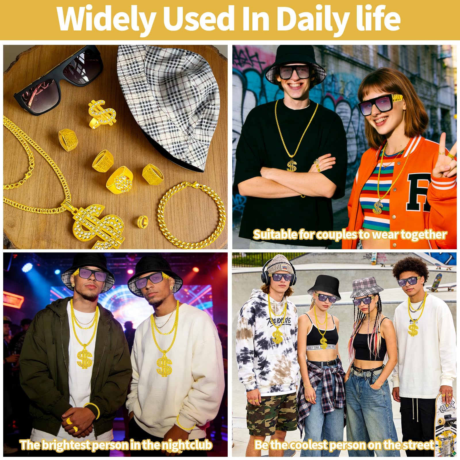 FICOFISE 10PCS Hip Hop Party Decorations Set 90s Fancy Dress Men Rapper Costume Kit with Fake Gold Chain, Dollar Necklace - Image 4