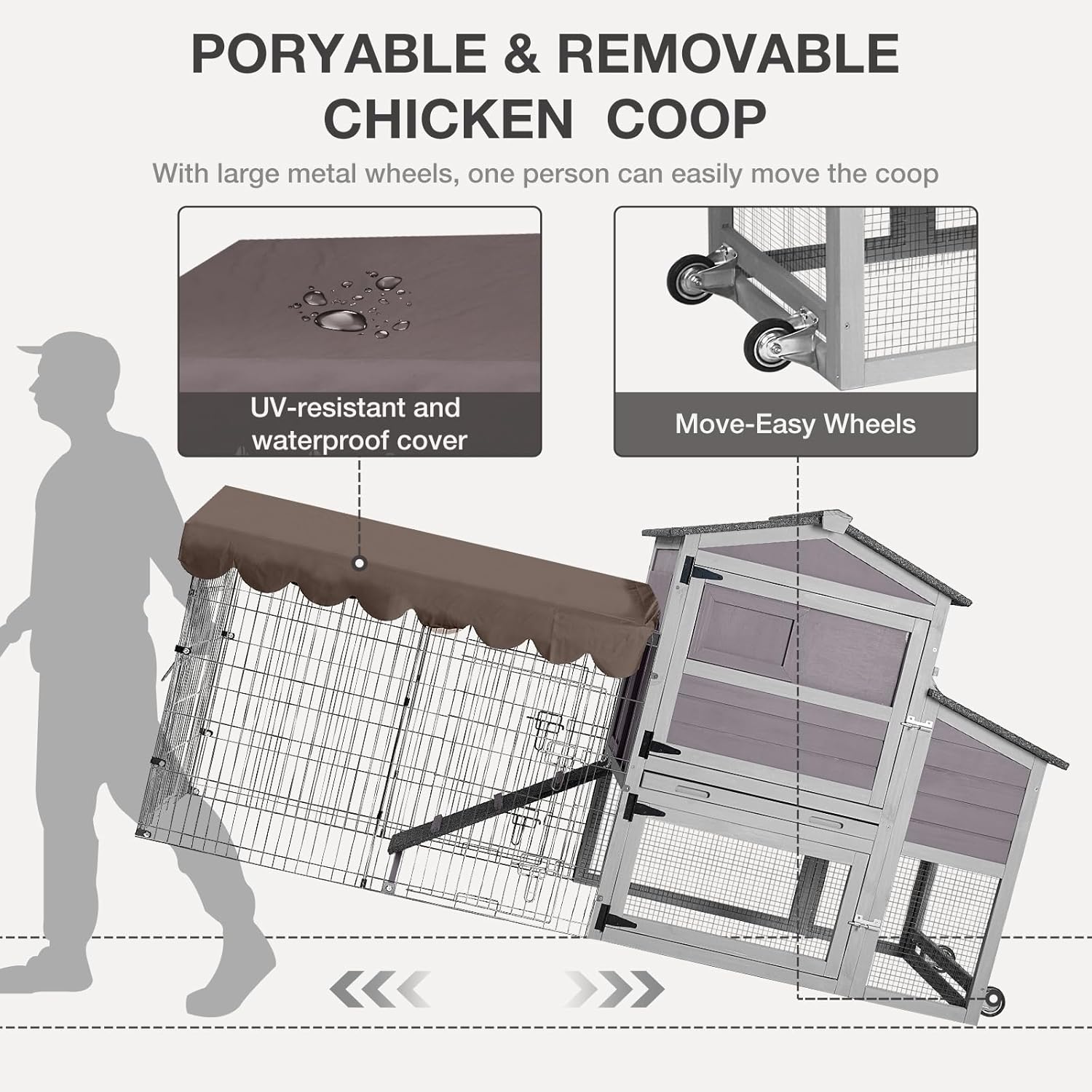 Portable Chicken Coop with Nesting Boxes and Waterproof Cover - Mobile Hen House with Wheels, Metal Chicken Run, and Poultry Cage - Ideal Chicken Tractor for Secure and Comfortable Housing