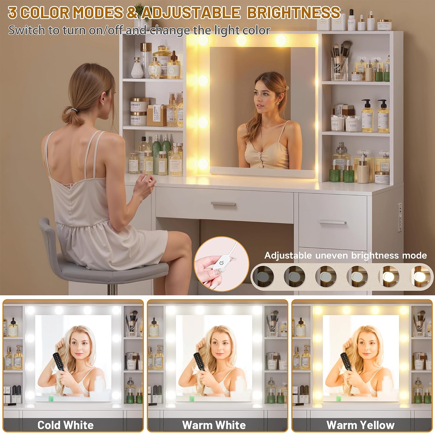 Vanity Desk with Mirror and LED Lights, Large Vanity with 7 Drawers and 6 Shelves, Makeup Vanity Dressing Table with Charging Station for Girls, Women (White)