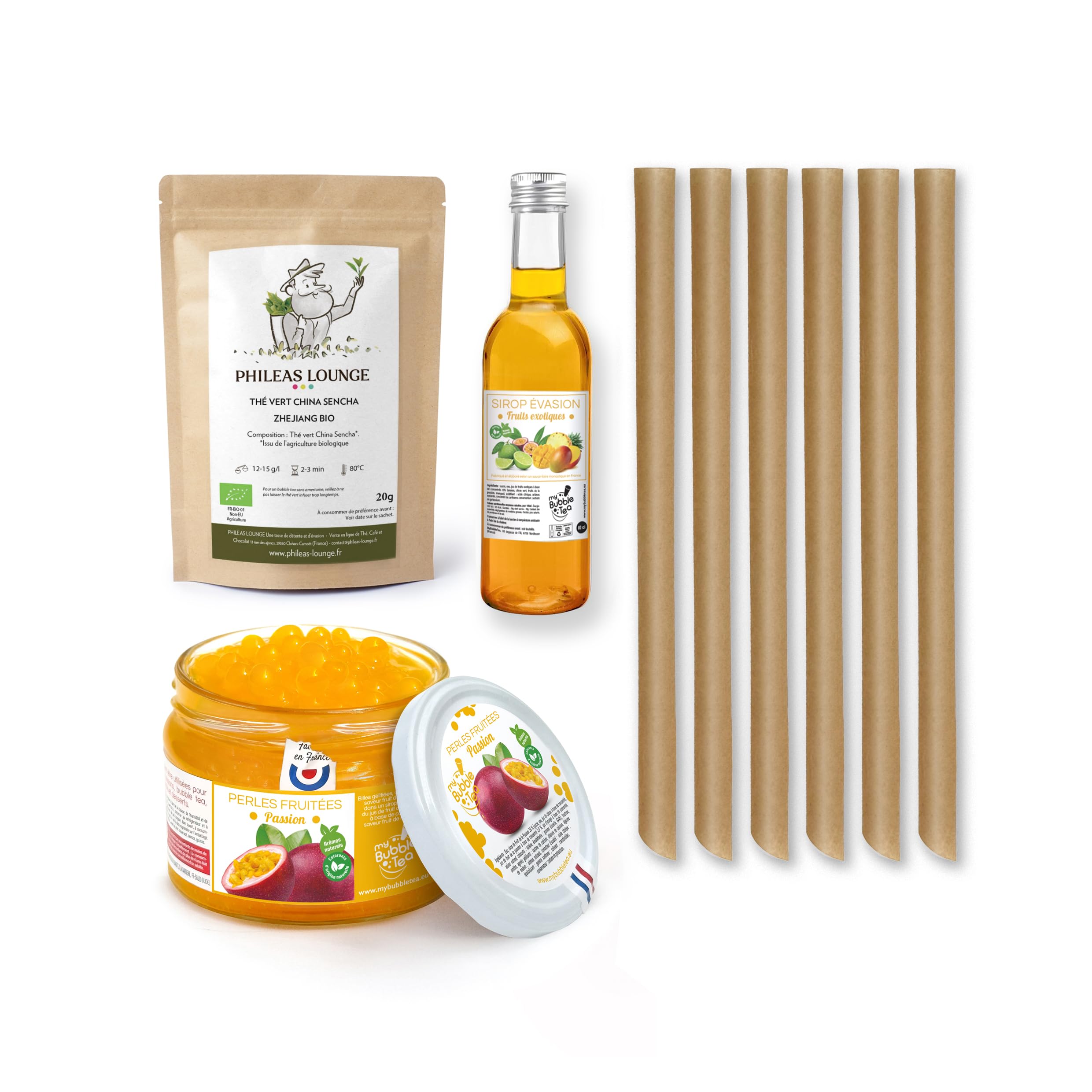 KIT BUBBLE TEA PASSION - FABRIQUÉ EN FRANCE - 6 BUBBLE TEA - Pailles canne à sucre incluses - Vegan et sans gluten