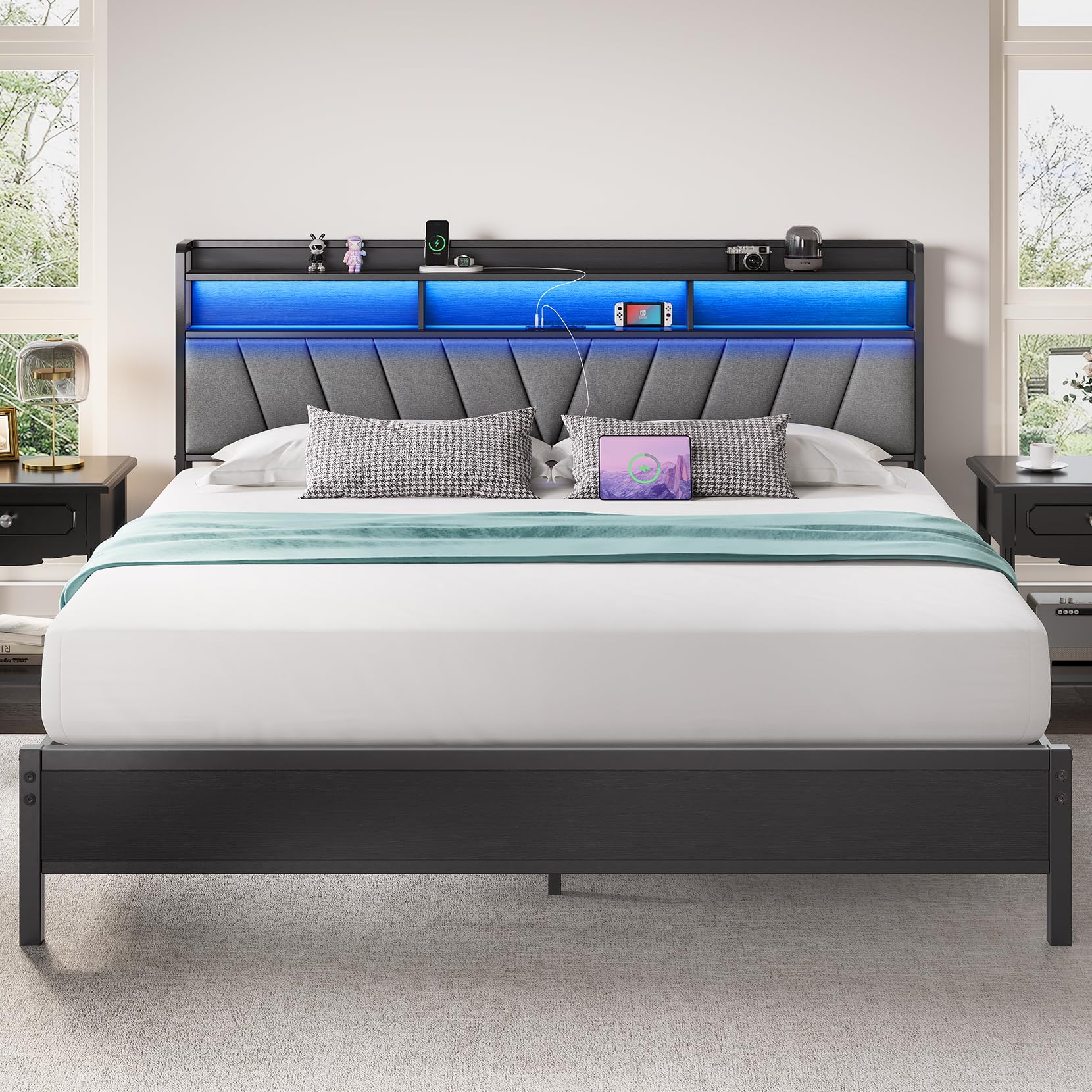 King Size Bed Frame with Headboard Metal Platform Bed with LED Lights Charging Station 2-Tier Storage Sturdy and