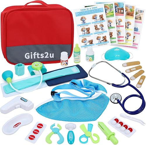 Gifts2U Kit de primeros auxilios para niños, 28 piezas de juego de simulación, kit de médicos para niños con estetoscopio real y bolsa de