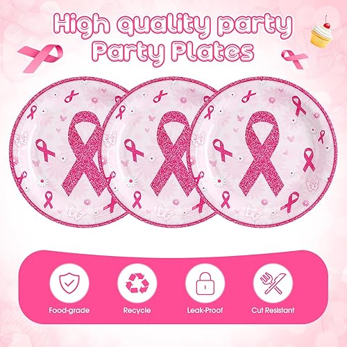 Miniatura 4 de 100 platos de papel de concientización sobre el cáncer de mama de 7 pulgadas, platos desechables rosados, redondos, decoraciones de cáncer de mama,