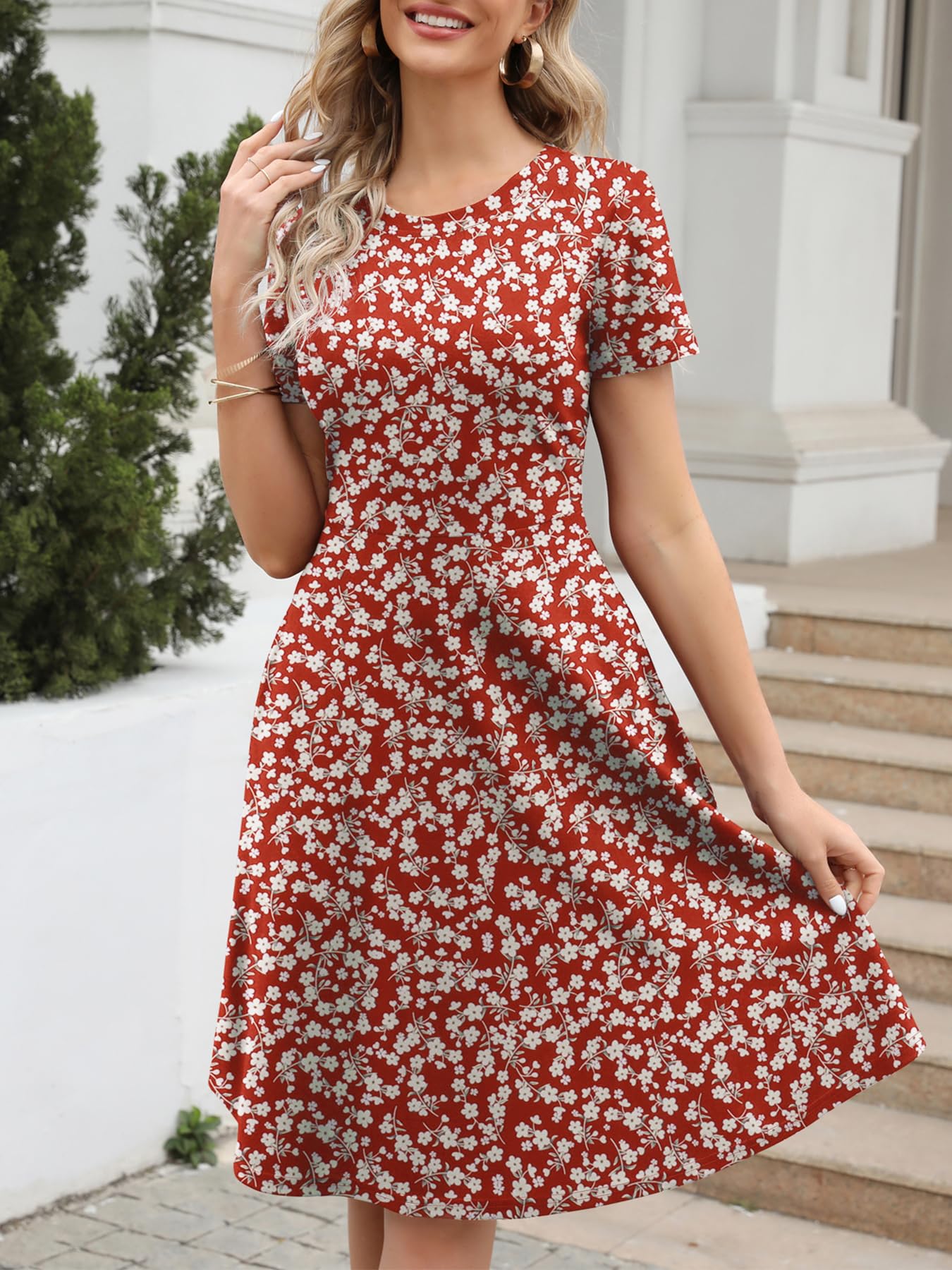 Womens Summer Dresses Elegant Floral Print Vintage Office Professional Business Casual Work A-Line Dress with Pockets