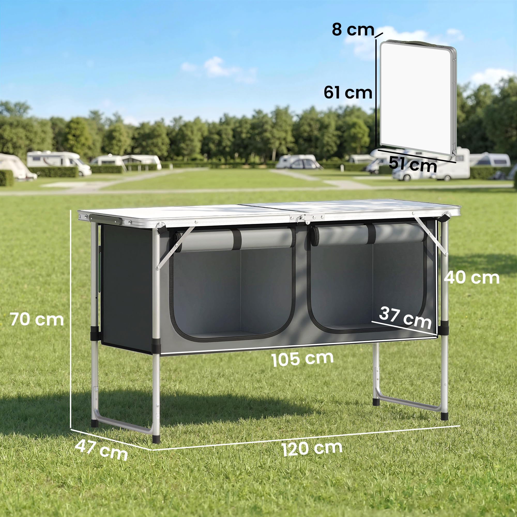Outsunny Mesa de Cocina de Camping Plegable, Mueble de Cocina de Camping Portátil con Armario de Tela Oxford, Marco de Aluminio, para Picnic, BBQ y Actividades al Aire Libre, 120x47x70 cm, Plateado
