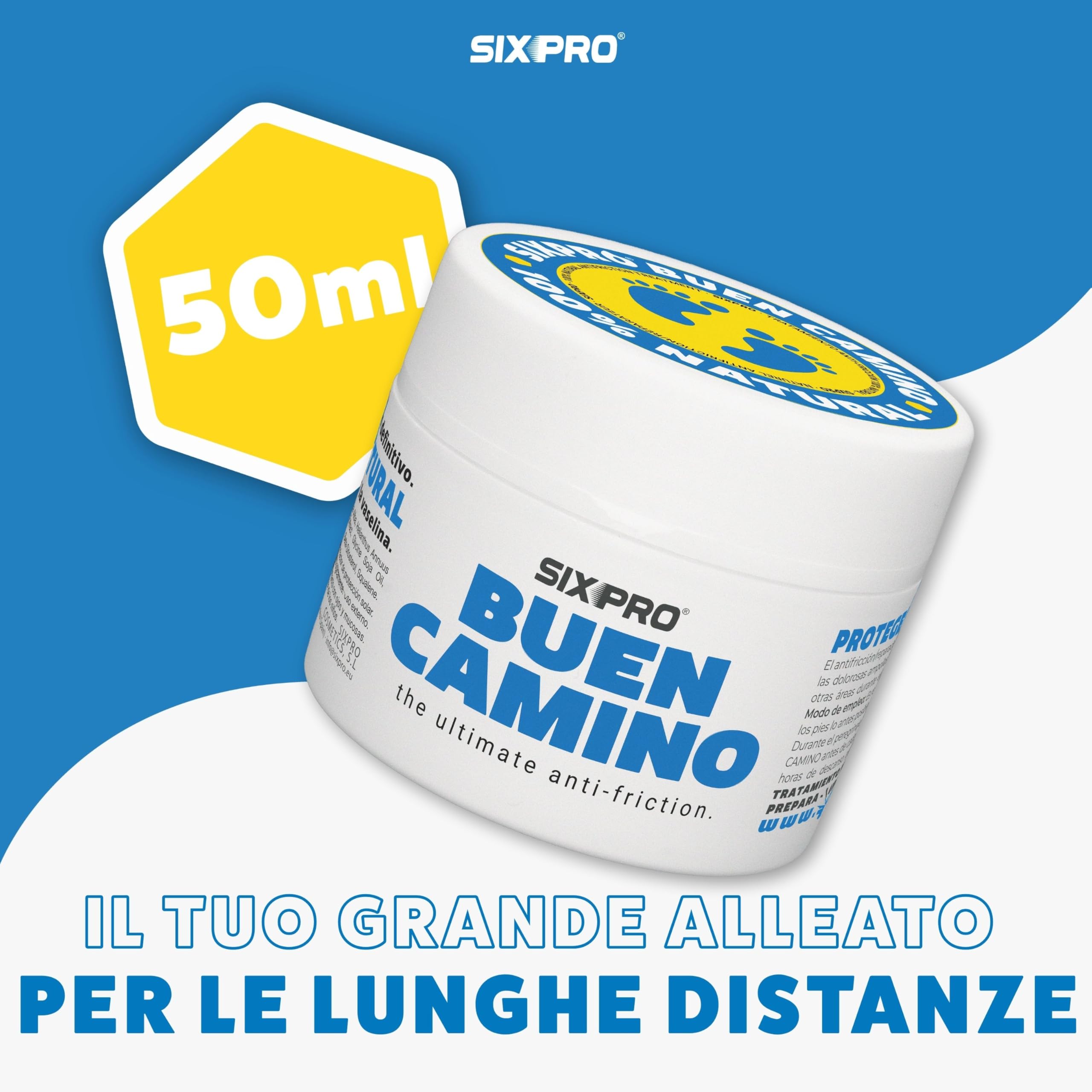 SIXPRO BUON CAMMINO 50ml | Crema Antifrizione Naturale per Pellegrini | Previene Vesciche e Sfregamenti su Piedi e Zone Sensibili | Protezione e Idratazione per Escursioni e Lunghe Camminate