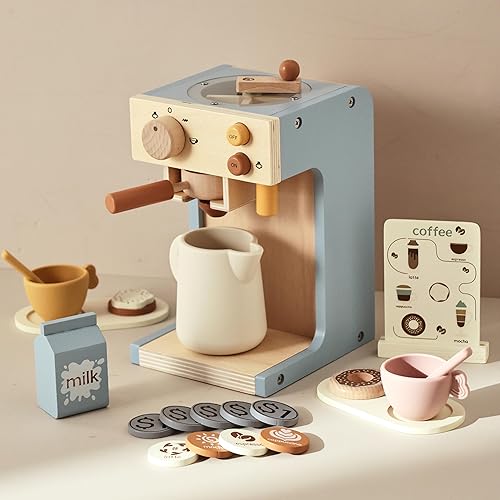 EERKEOD Cafetera de juguete para niños, cafetera de madera para niños, juego para niños pequeños, accesorios de cocina, regalo para niñas y niños
