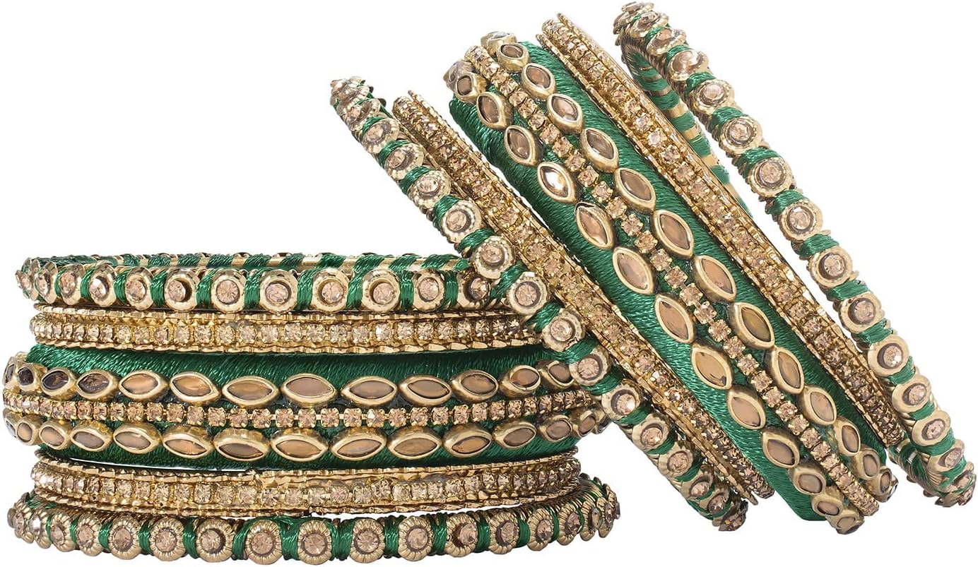 Aheli Silk Thread Faux Stone Studded Bangle Set Chuda Ethnic Indian Wedding Wear Fashion Jewelry Gift for Women
