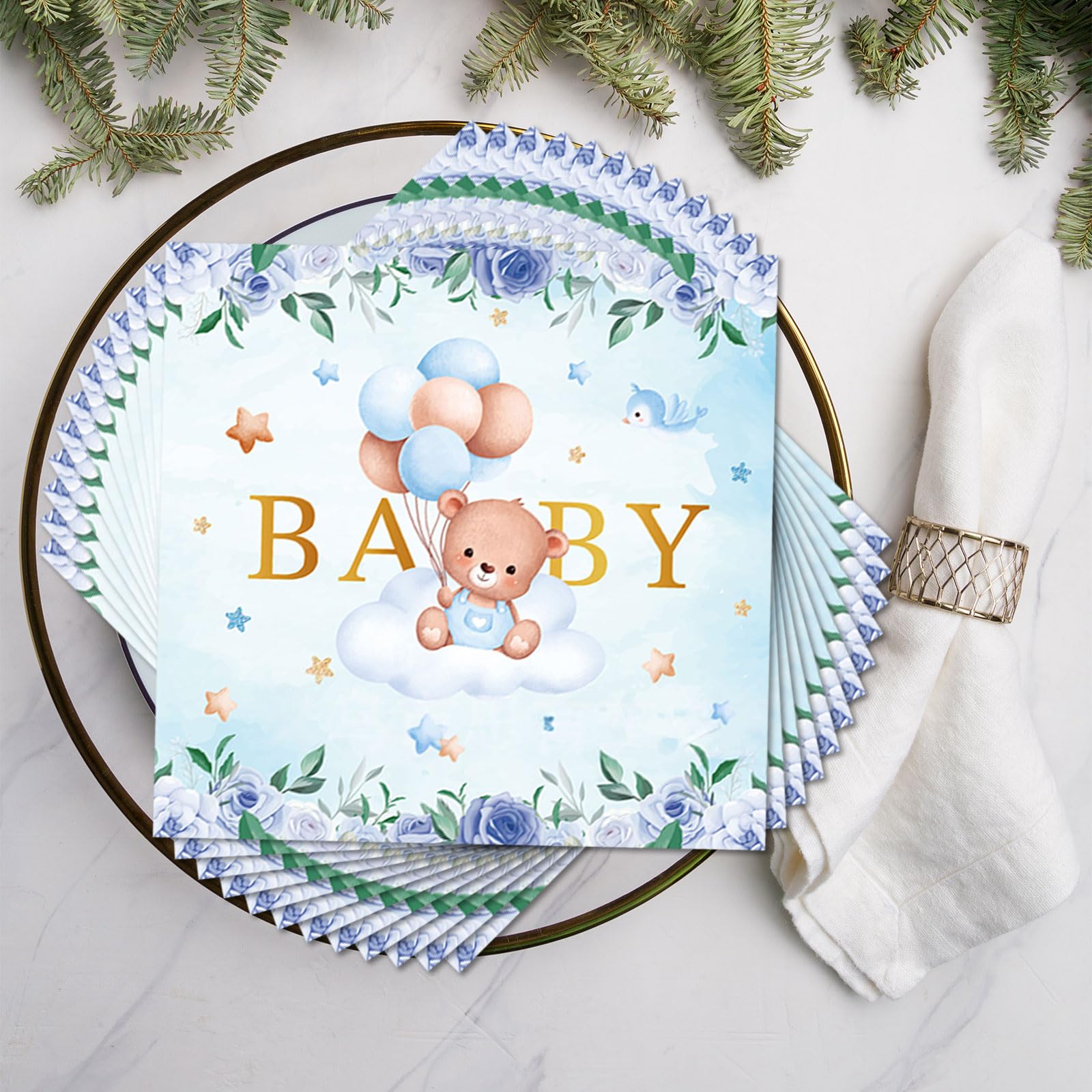 Kotkiddy 40 Pezzi Serviette Baby Shower Ragazzo Orso Motivo Cocktail Dessert Serviette di Carta Monouso Gender Reveal Party Decorazione Tavola Blu Oro Decorazione Complea