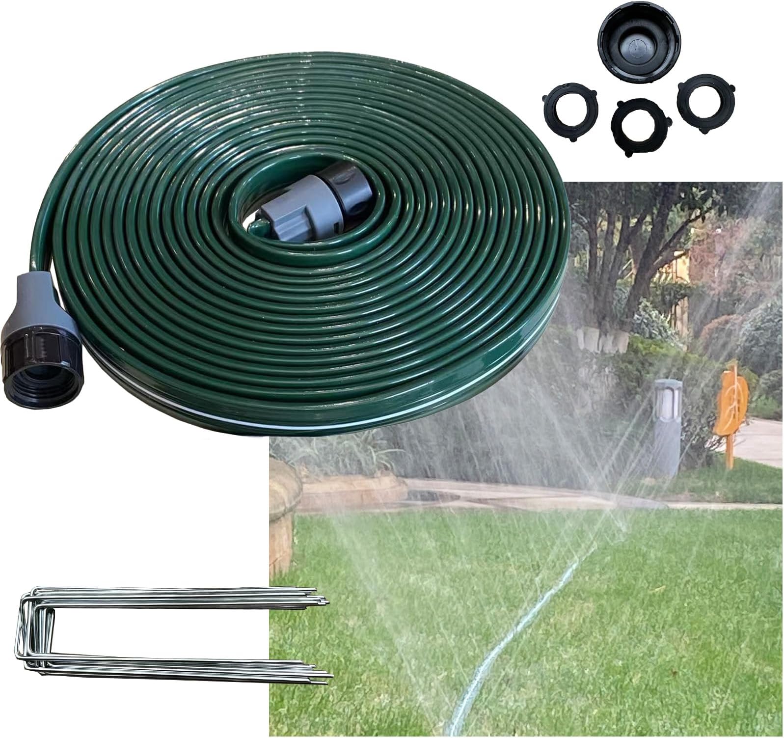 Watoo 2026 Sprinkler Hose & Soaker Hose for Yard - 25 FT Reinforced Flat Garden Hose with Holes, Heavy Duty No-Kink Lawn Irrigation Hose (Includes Stakes, High Pressure Spray)