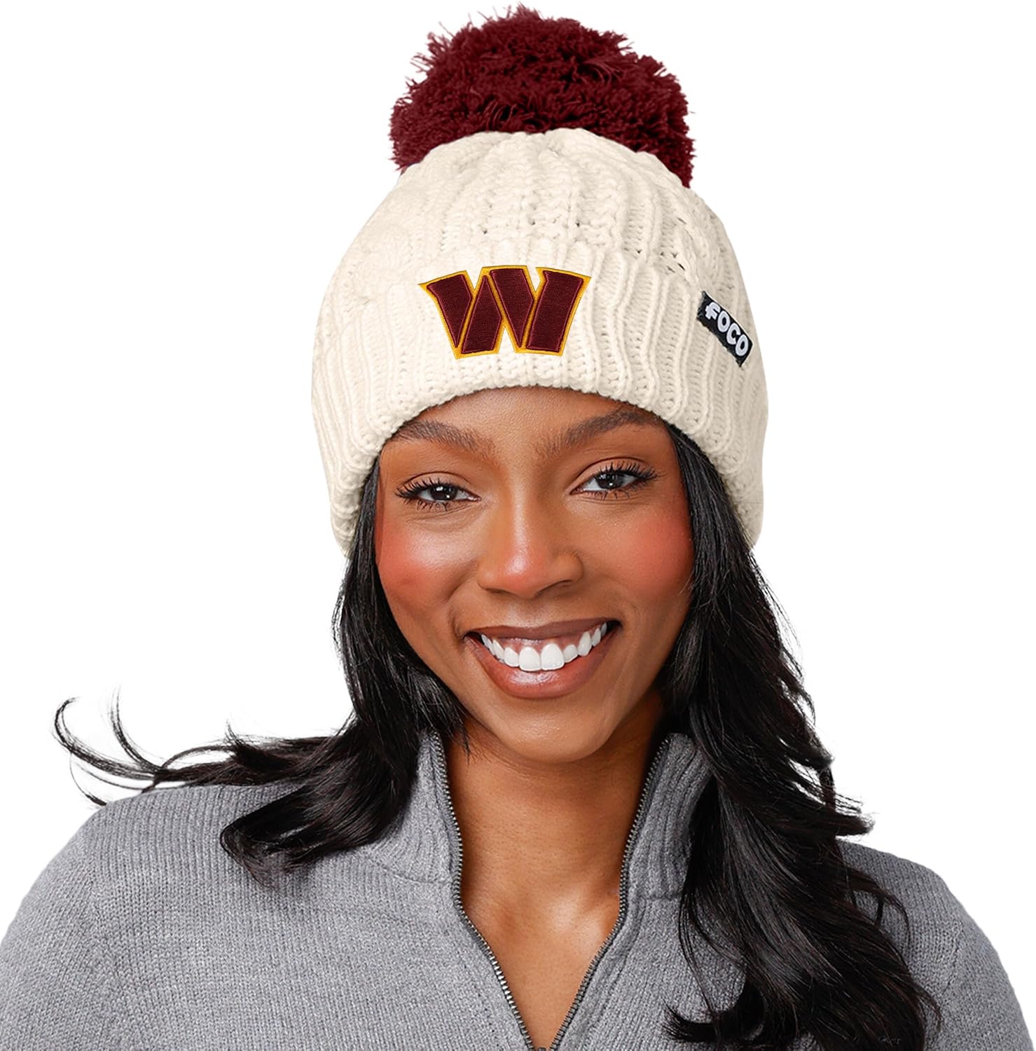 FOCO NFL Womens NFL Team Logo Cable Knit Pom Beanie Hat
