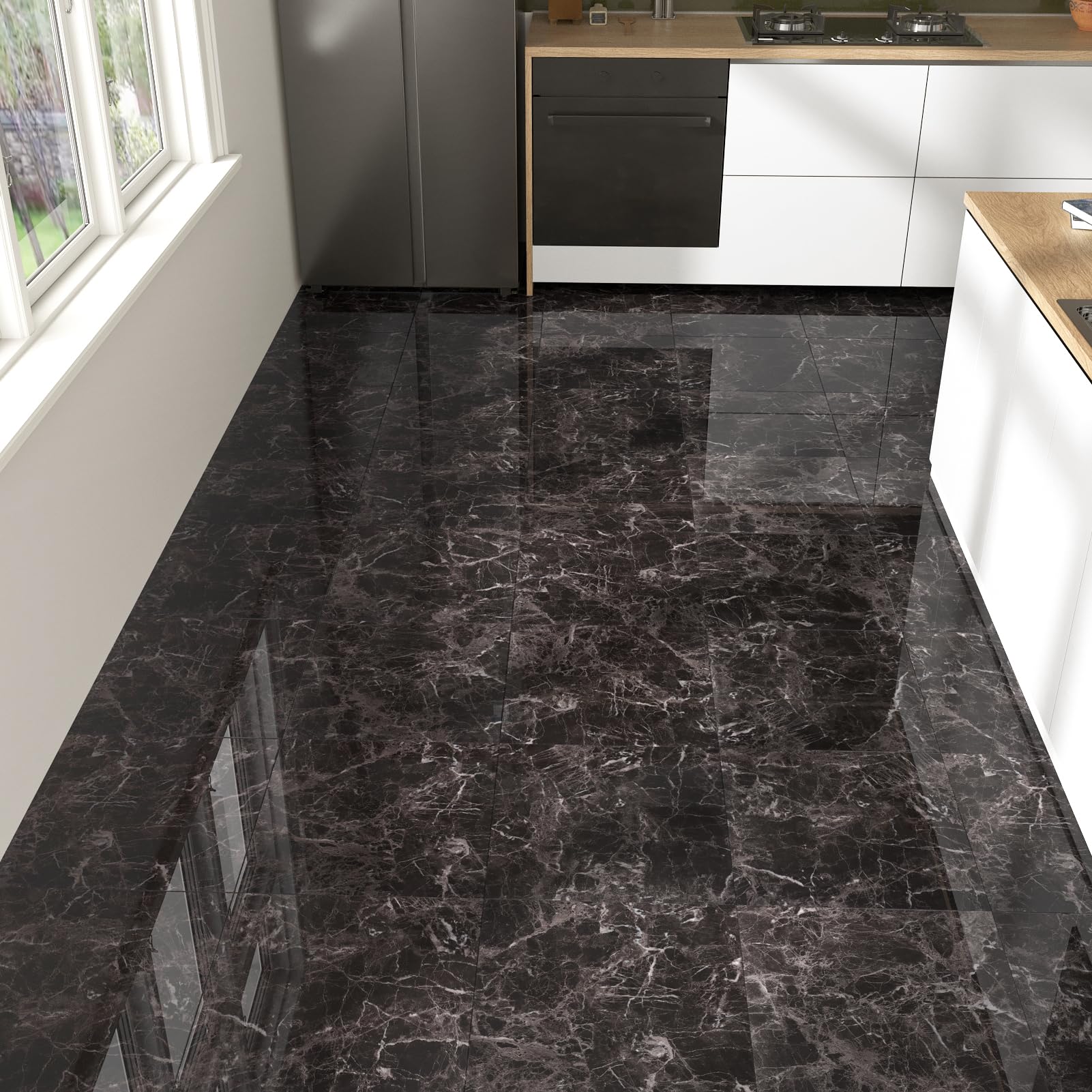 24 Piezas Suelo Vinilico Negro Claro Mármol Suelo Vinilo Autoadhesivo Antideslizante Suelo Laminado Impermeable Losetas Autoadhesivas Negro Para Cocina Vinilo Suelo Baño 30cm x 30cm