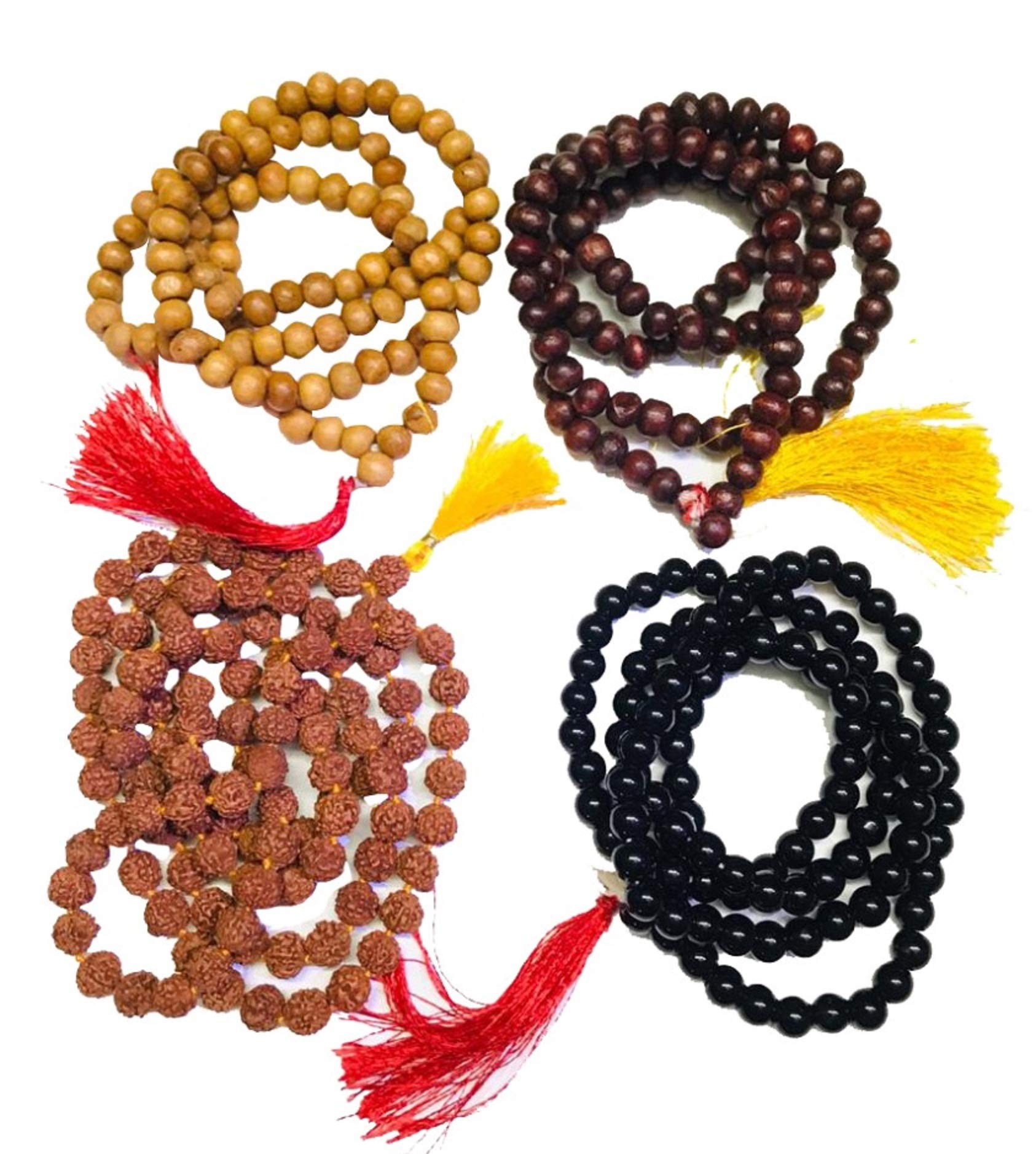 MoiraBeads Japa Mala -Vaijayanti, White wood, Black Stone and Rudraksha Mala Unisex Combo of 4