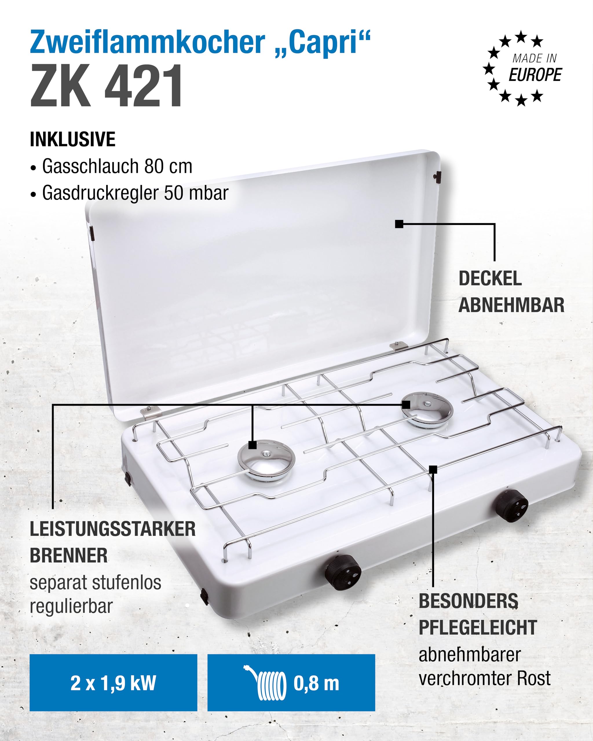 CFH Zweiflammkocher Capri ZK 421 – Camping Gaskocher 2-flammig mit 50 mbar Gasdruckregler & 80 cm Gasschlauch, 3,8 kW Leistung, 277 g/h Verbrauch, abnehmbarer Deckel & verchromter Rost, Made in Europe