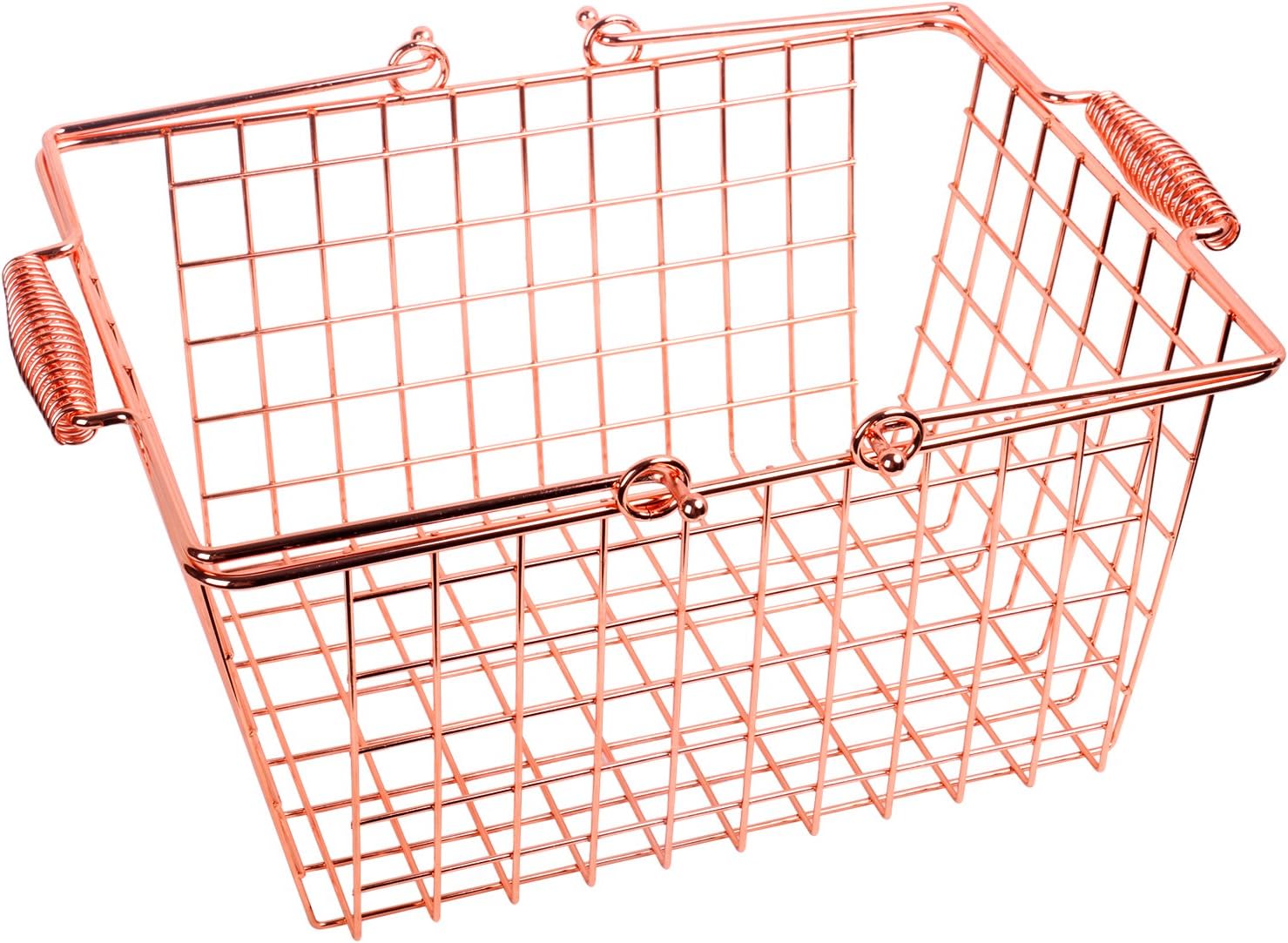 Kufox Multifunctional Wire Storage Basket, Glossy Metal Basket with Spring Handles, Decorative Food Storage Organizer Bin for Kitchen, Bathroom and Pantry, Rose Gold