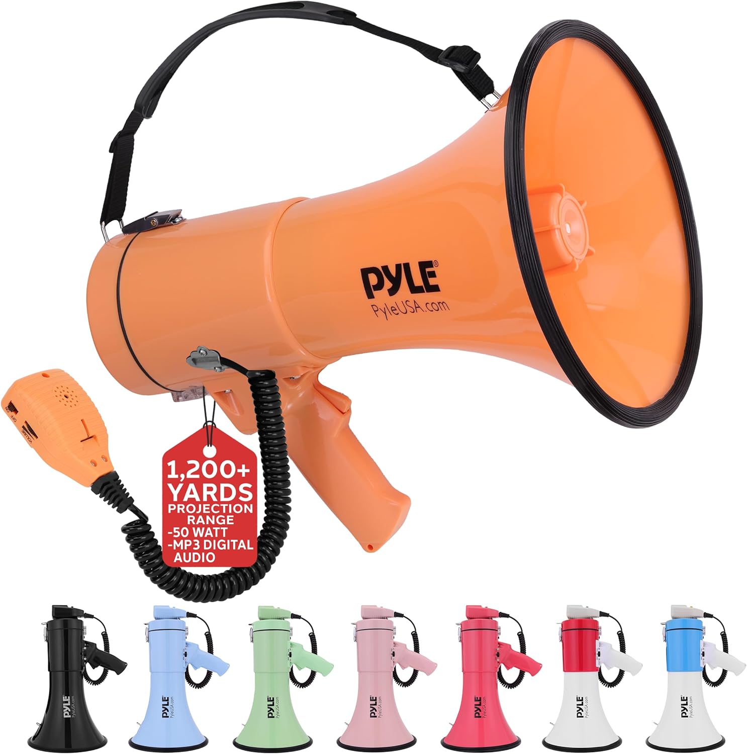 Pyle 50W Megaphone Bullhorn - Portable, Automatic Siren & Adjustable Volume, Projection Range Up to 1200 Square Yards, Aux Input, Talk, Siren, Music, Whistle, & Record, Shoulder Strap (Black)