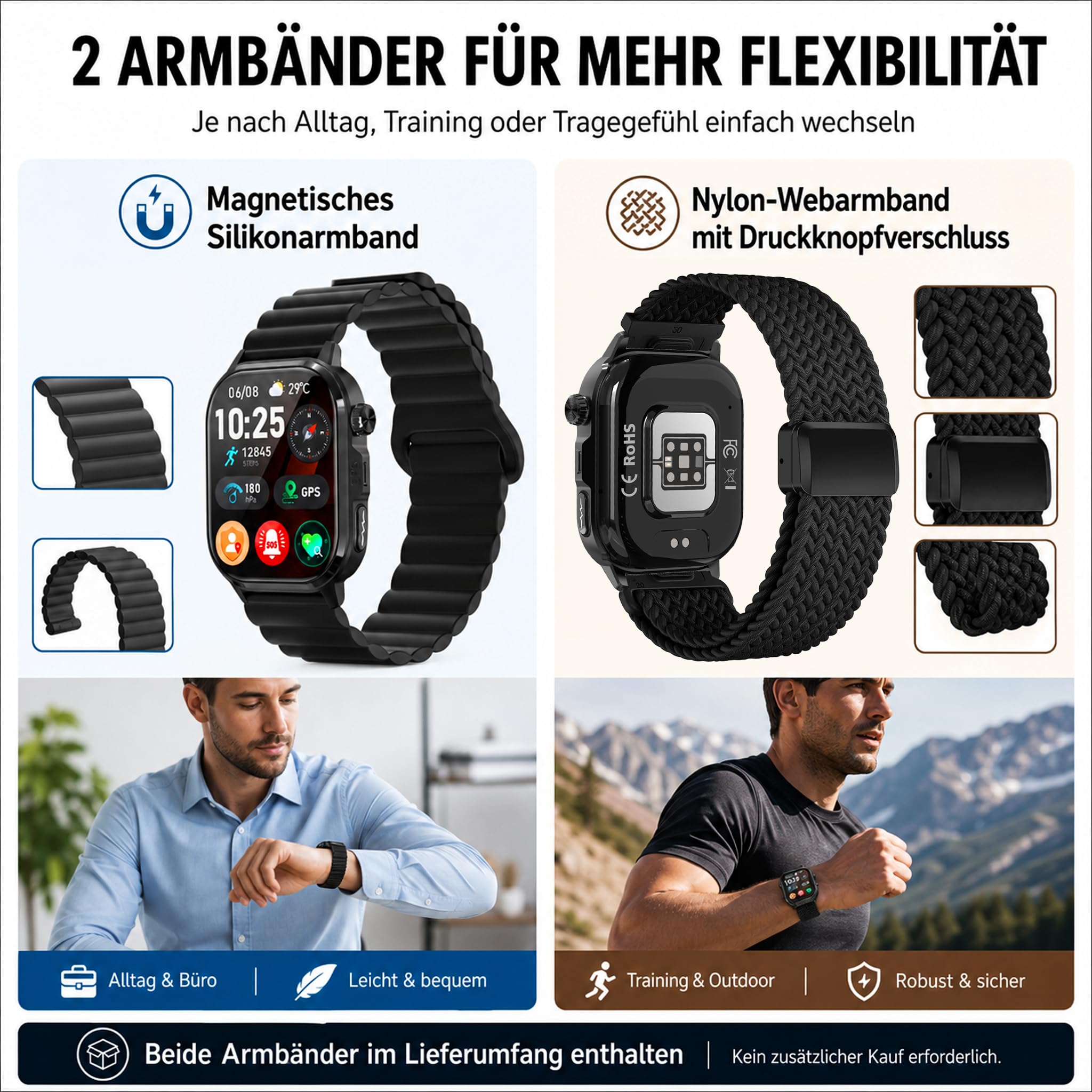 CARDIGO Montre connectée avec détection des chutes et fonction SOS, montre de sport avec GPS, appels Bluetooth et plus de 100 modes sportifs, AMOLED 1,95", sans ABO, 2 bracelets, noir